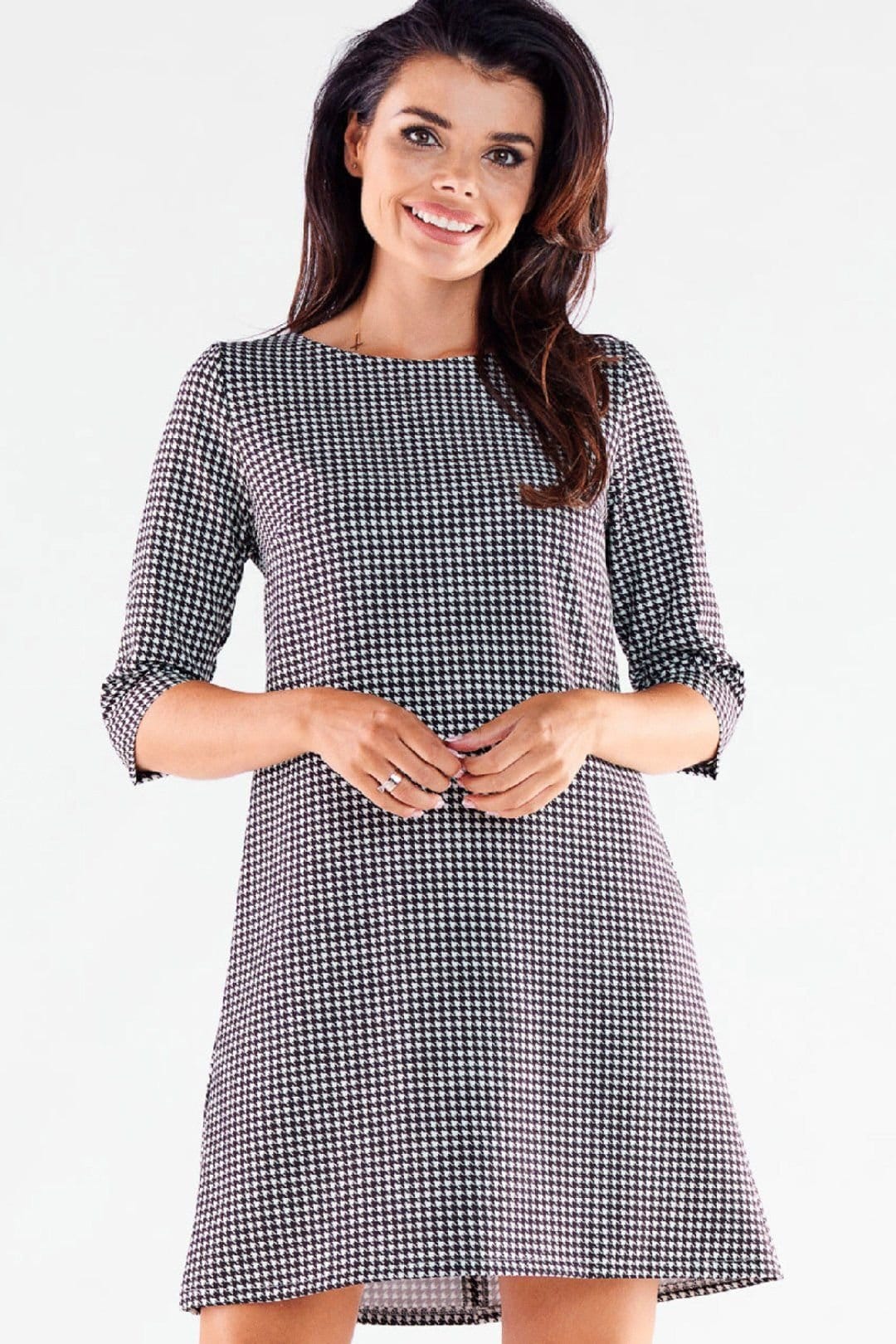 Love Lace Black Houndstooth Trapezoid Mini Dress with 3/4 Sleeves
