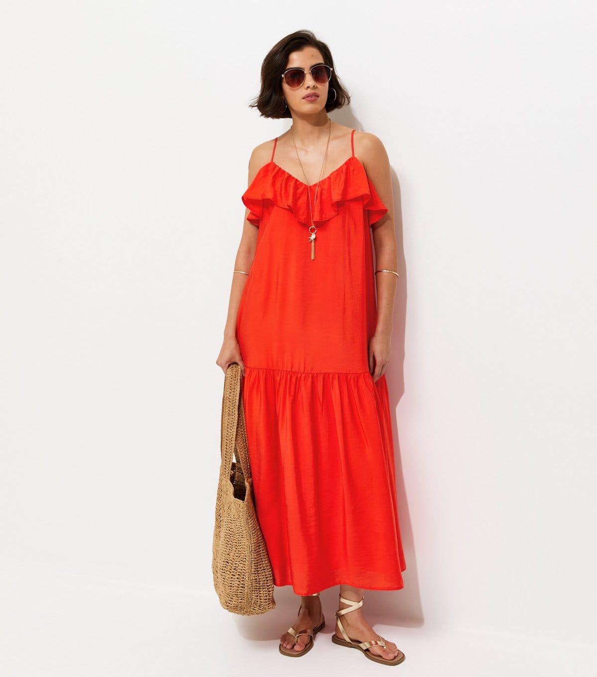 New Look Bright Red Ruffle Trim Cami Midi Dress