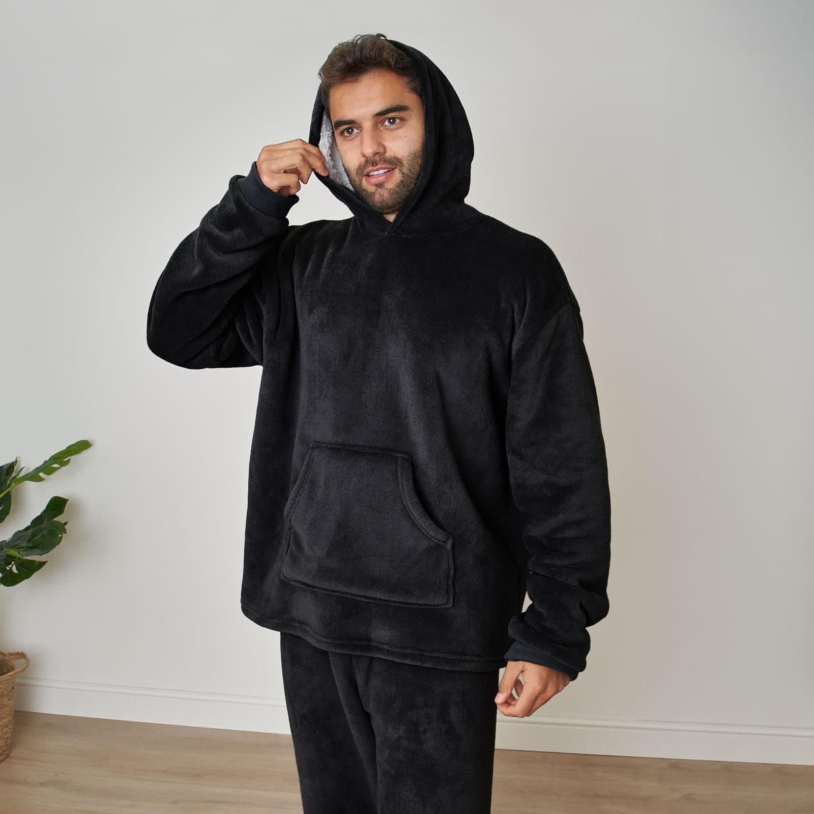 OHS OHS Men's Soft Coral Fleece Sherpa Lined Hoodie Pyjama Set in Black