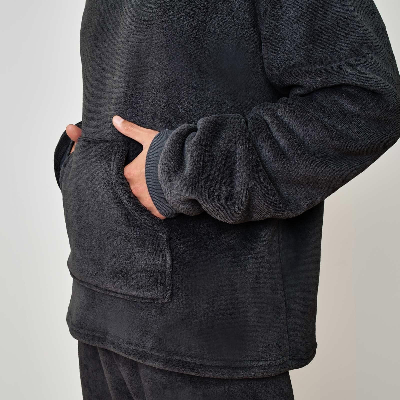 OHS OHS Men's Soft Coral Fleece Sherpa Lined Hoodie Pyjama Set in Black - 4