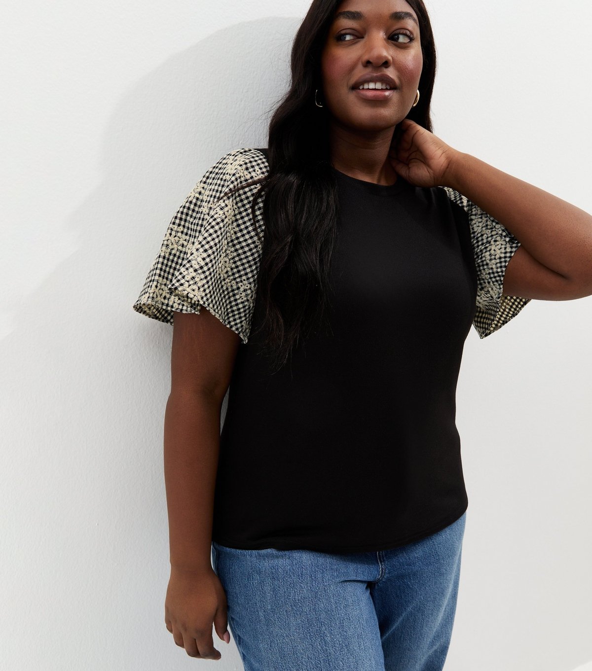 New Look Women's Plus Size Black Check Sleeve T-Shirt Curves New Look - 2