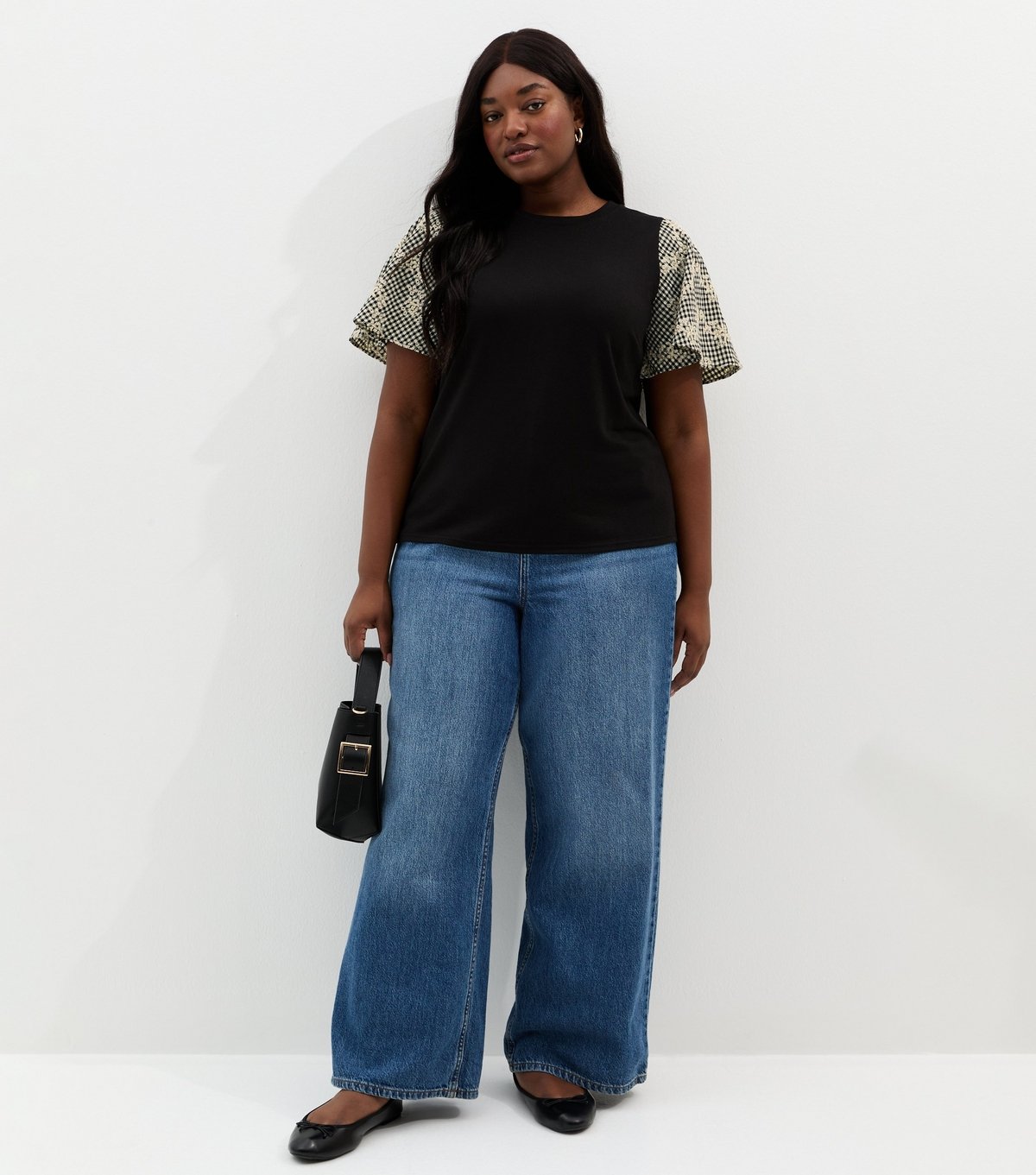 New Look Women's Plus Size Black Check Sleeve T-Shirt Curves New Look - 3