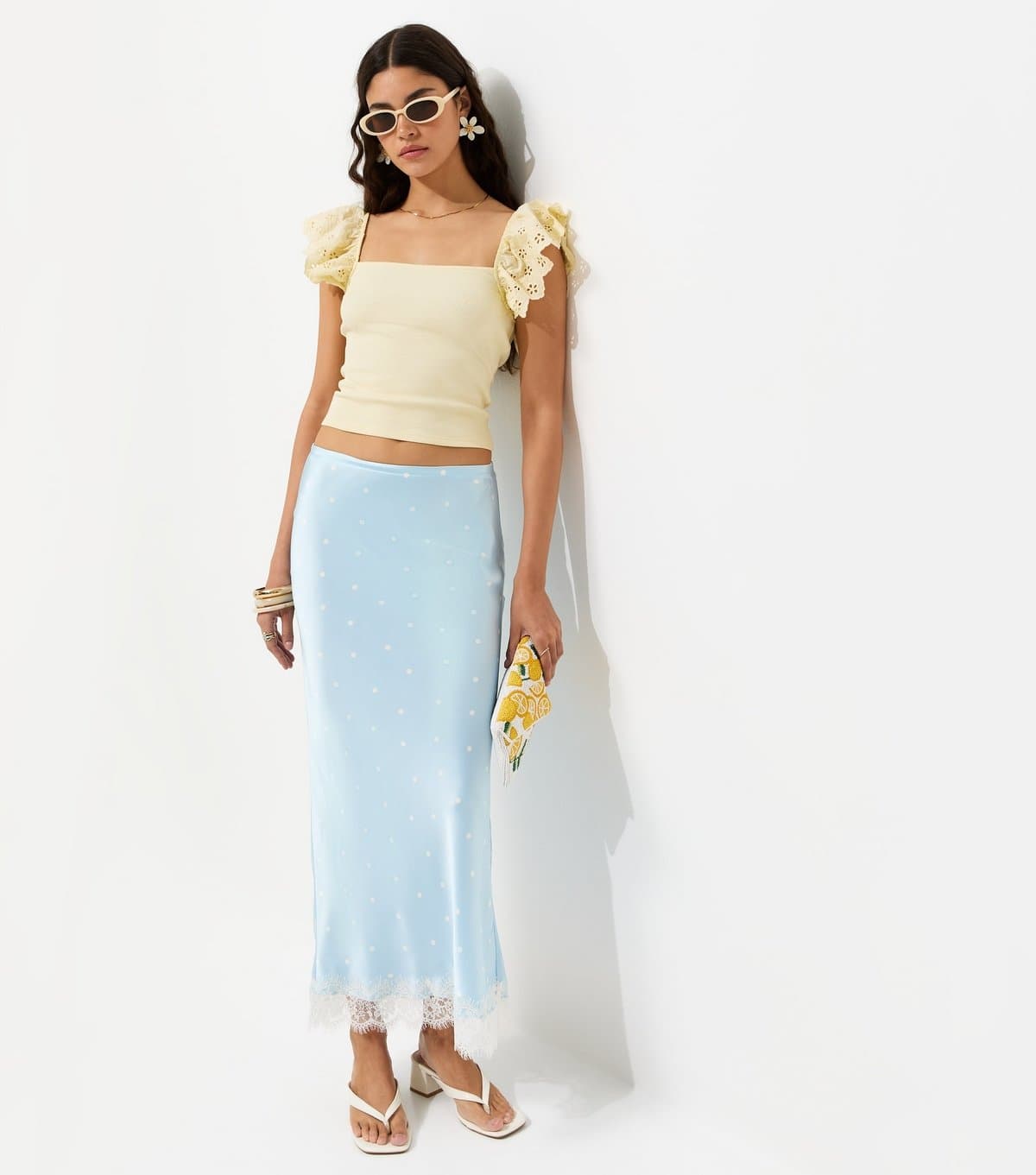 New Look Women's Blue Satin Polka Dot Lace Hem Midi Skirt New Look