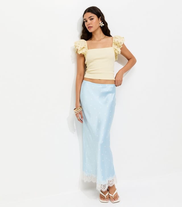New Look Women's Blue Satin Polka Dot Lace Hem Midi Skirt New Look - 2