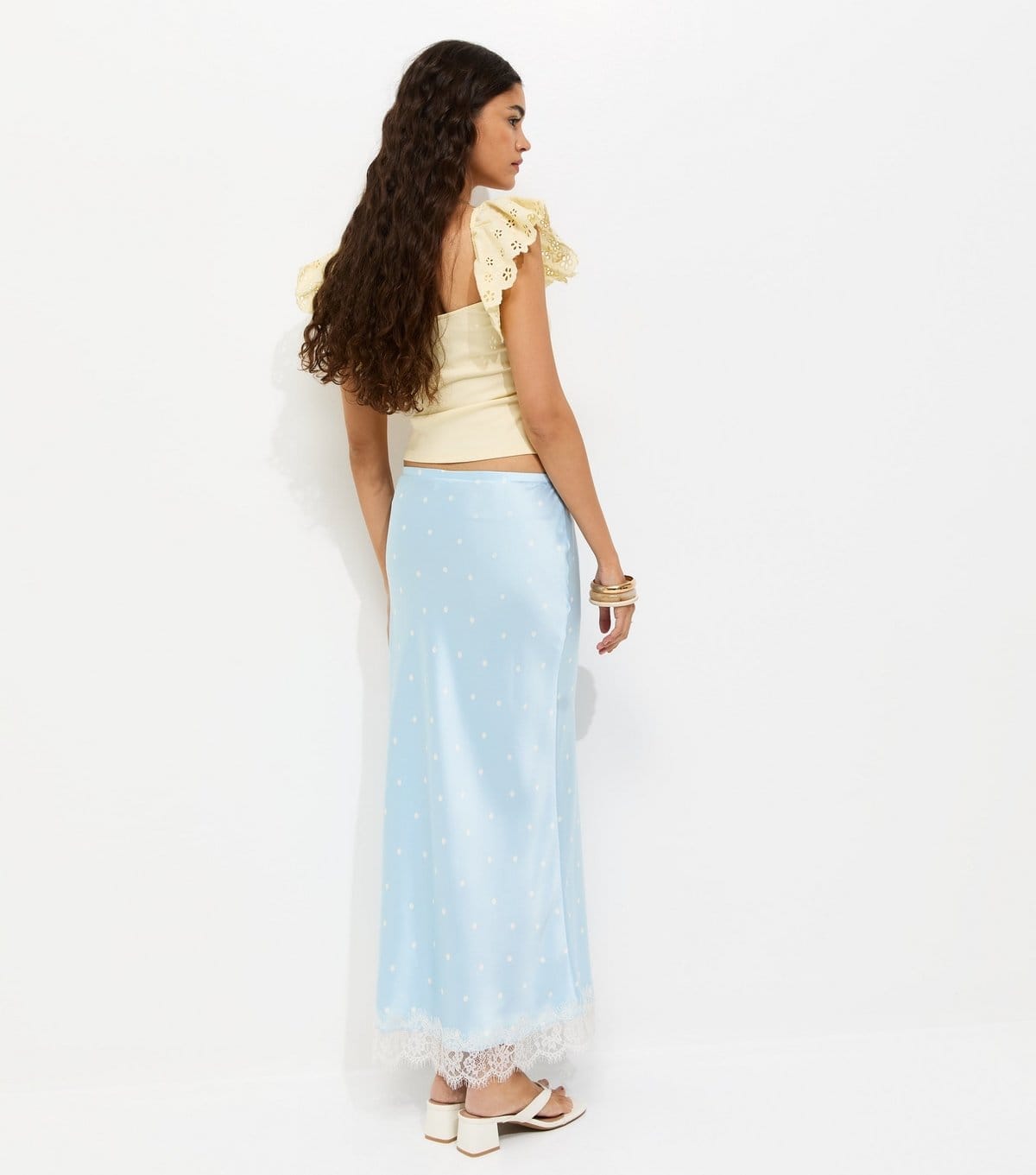 New Look Women's Blue Satin Polka Dot Lace Hem Midi Skirt New Look - 4