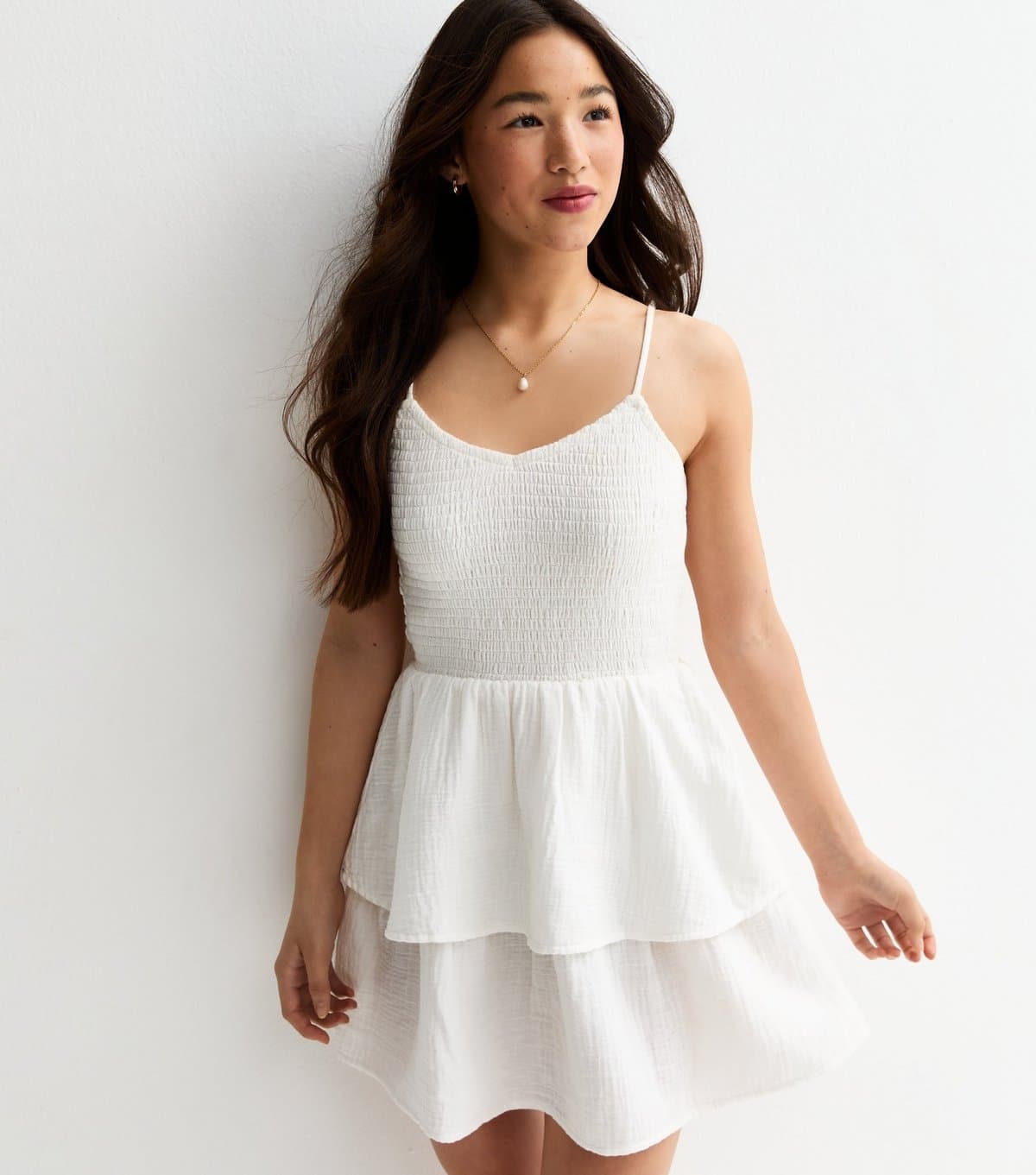 New Look Girls' White Shirred Tiered Dress New Look