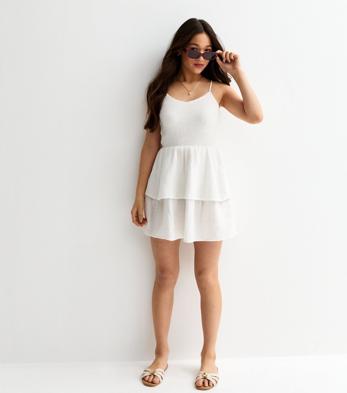 New Look Girls' White Shirred Tiered Dress New Look - 3