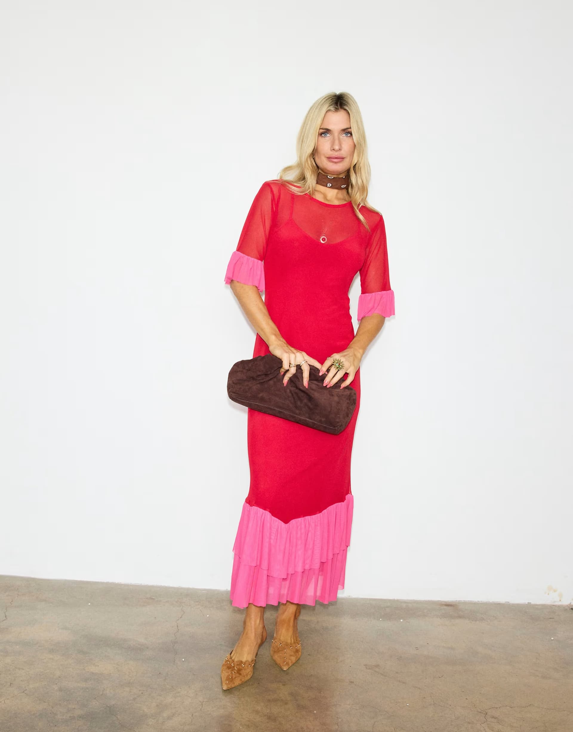 ASOS Never Fully Dressed mesh flutter sleeve ruffle hem midaxi dress in red and pink