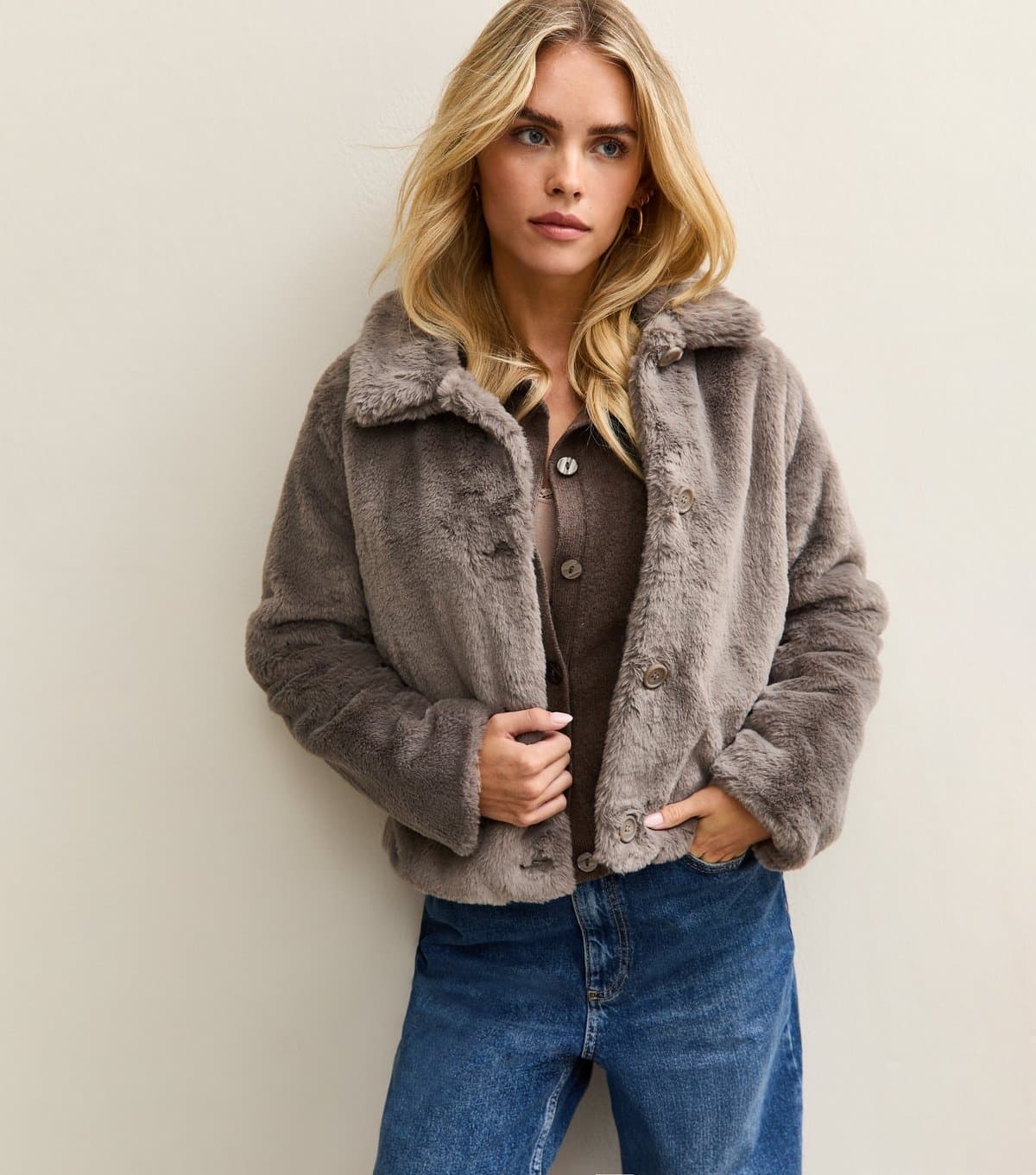 New Look Women's Petite Mink Faux Fur Collared Jacket New Look