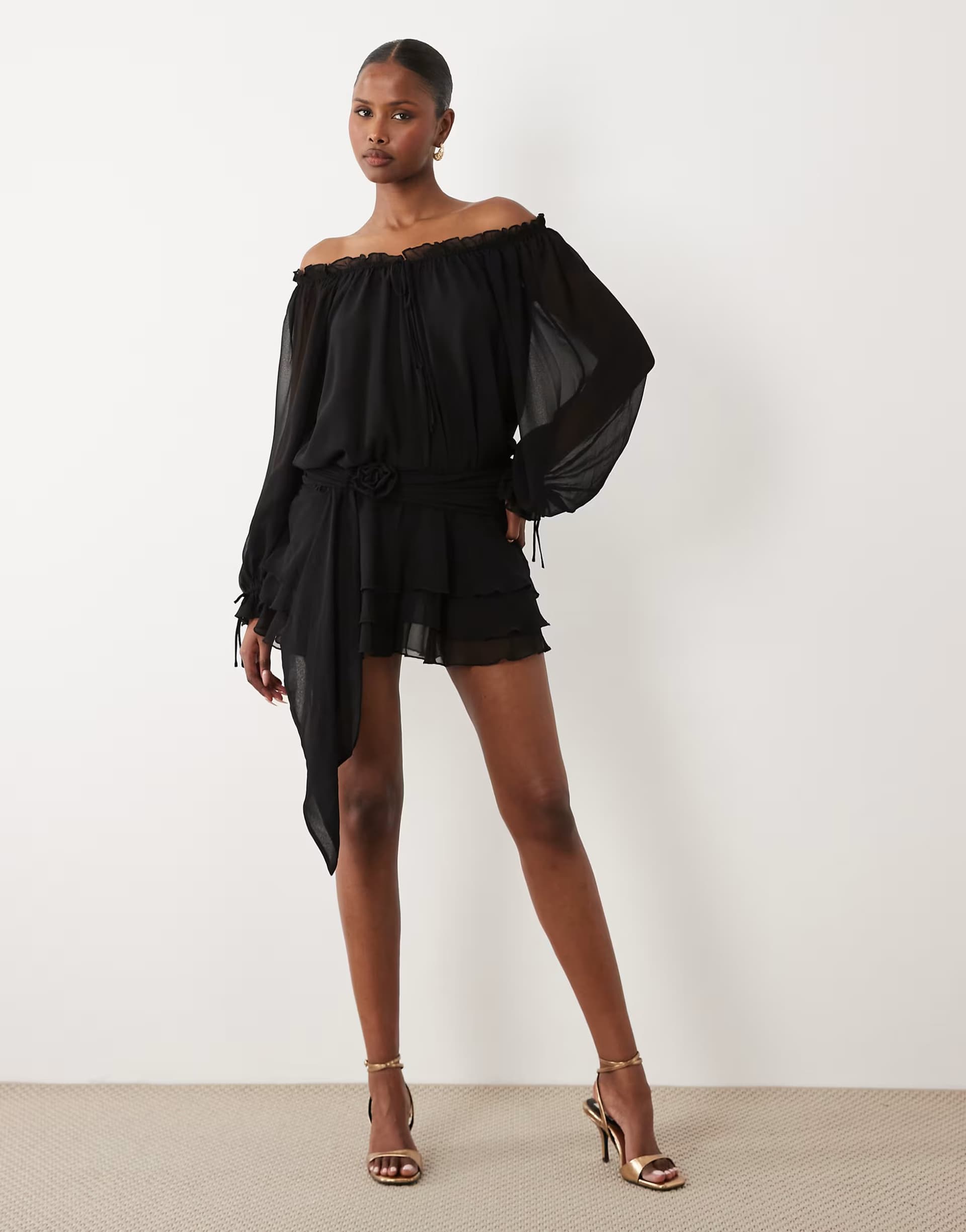 ASOS Oh Polly chiffon off shoulder balloon sleeve layered skirt tie detail mini dress in black