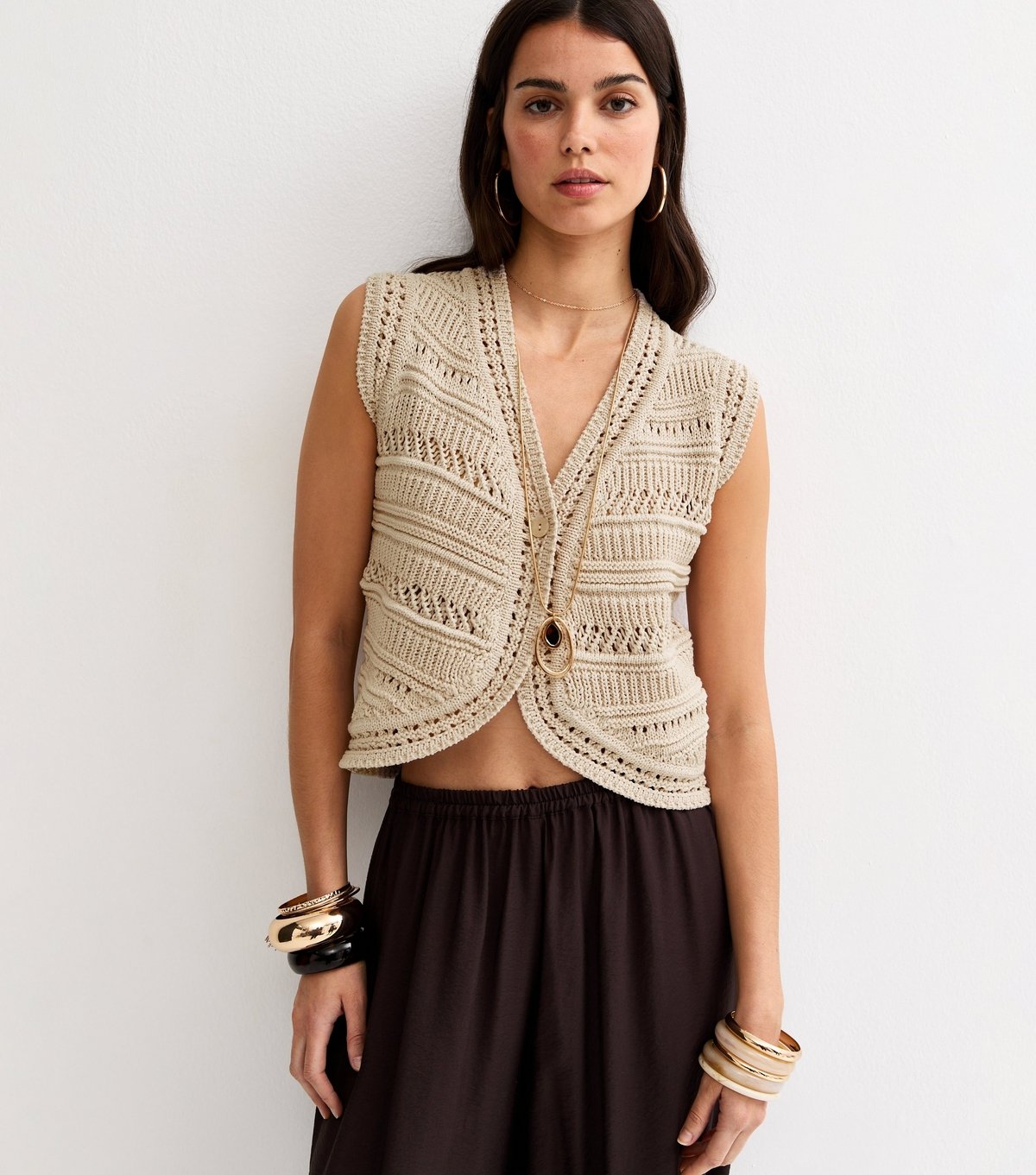 New Look Women's Oatmeal Knit Lader Stitch Waistcoat New Look - 3