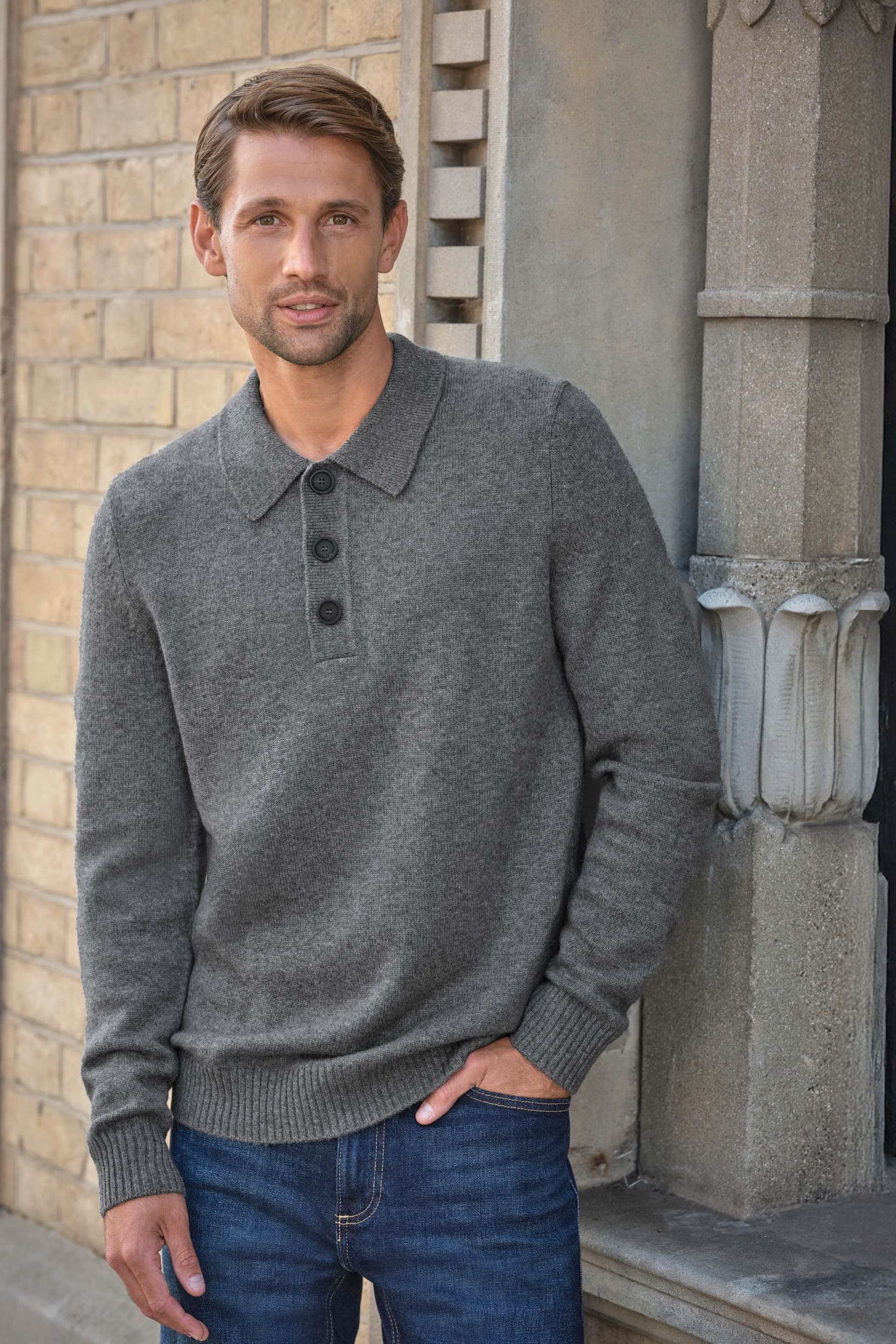 Pure Collection Pure Collection Men's Mens Cashmere Blend Button Collar Jumper in Grey
