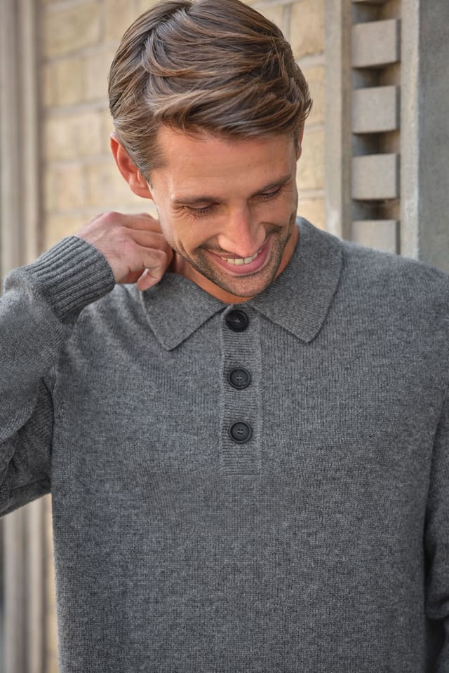 Pure Collection Pure Collection Men's Mens Cashmere Blend Button Collar Jumper in Grey - 2