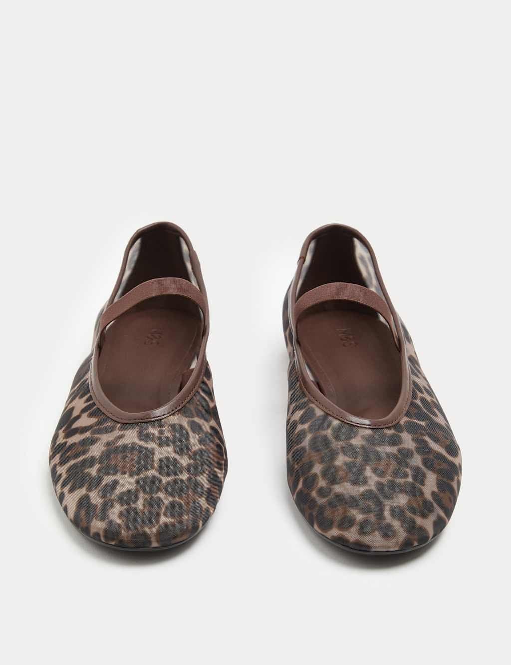 Marks & Spencer M&S Leopard Print Mesh Mary Jane Ballet Pumps Brown Mix