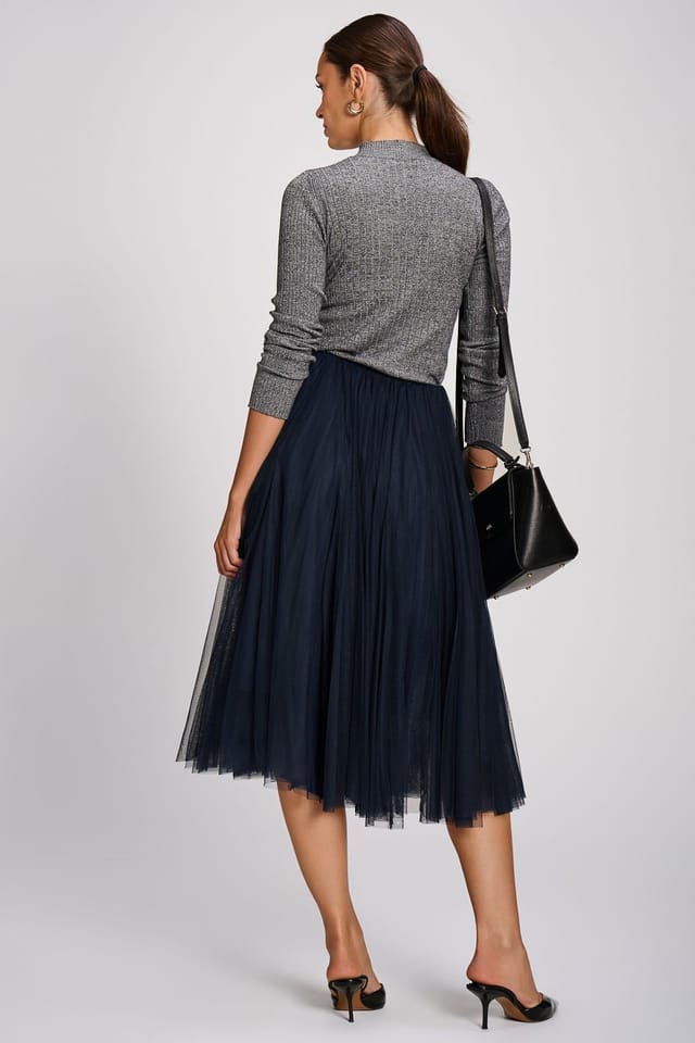 Jolie Moi Jolie Moi Women's Tulle Godet Midi Skirt in Navy - 2