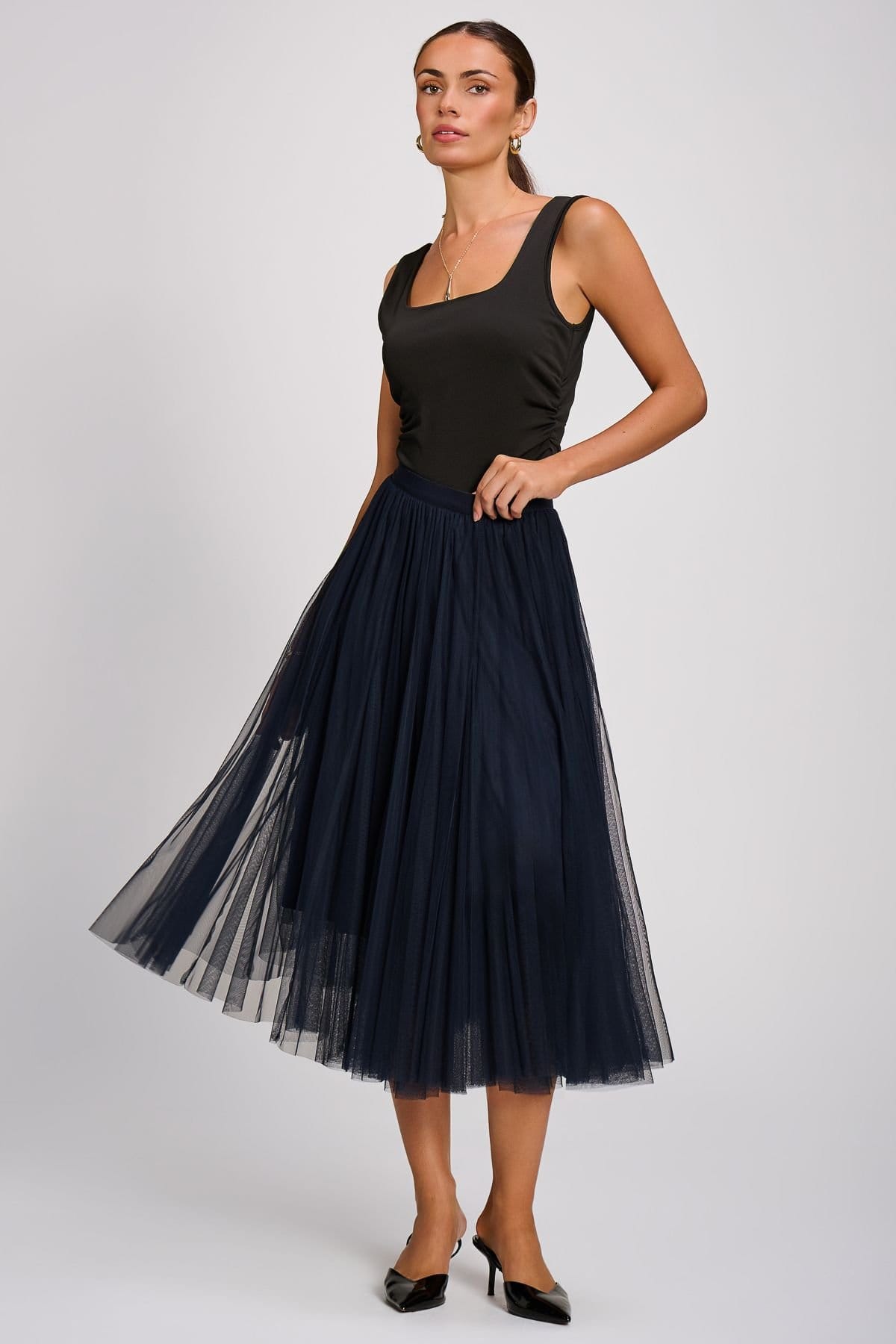 Jolie Moi Jolie Moi Women's Tulle Godet Midi Skirt in Navy - 4
