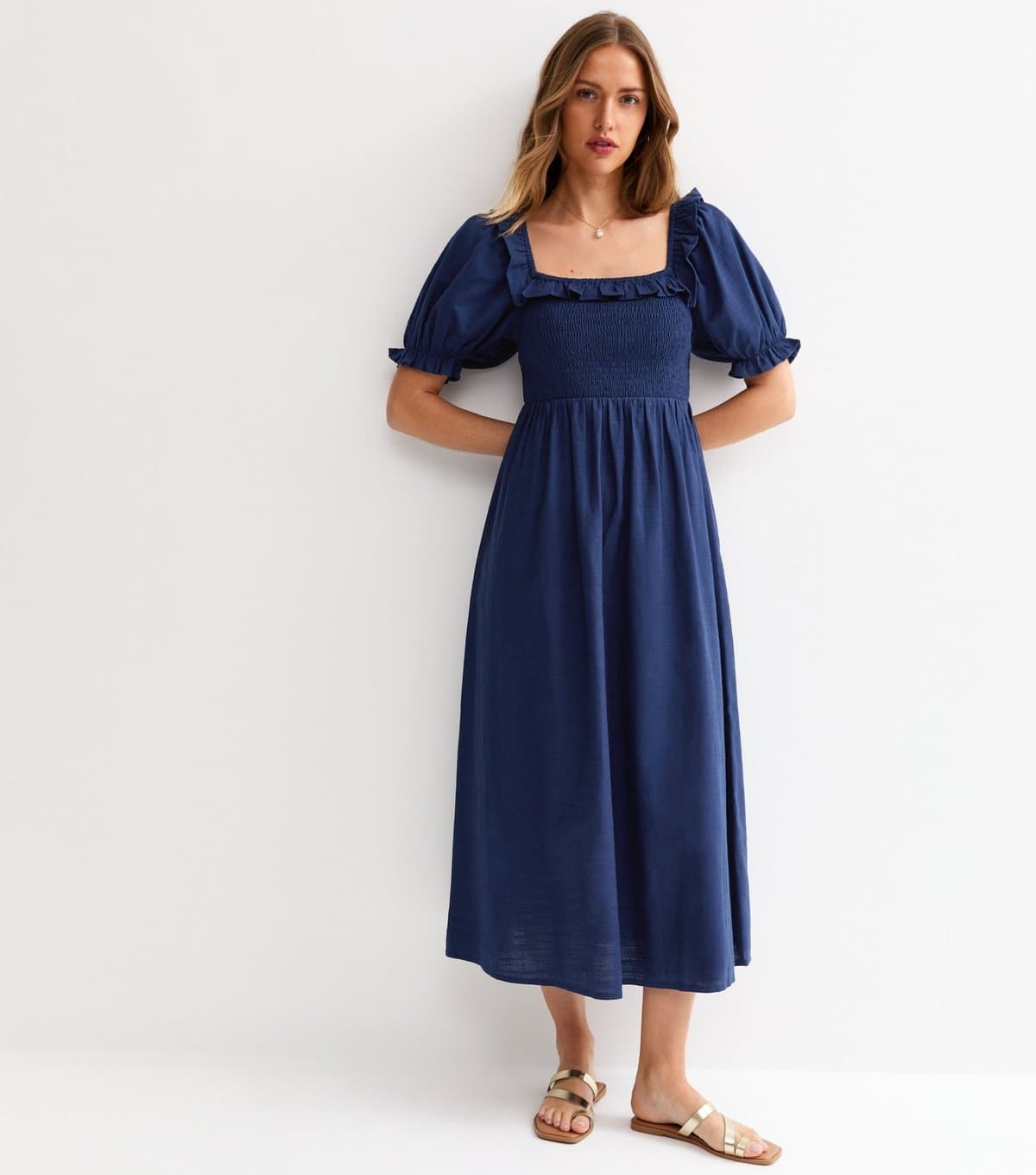 New Look Women's Navy Short Sleeve Shirred Frill Midi Dress New Look
