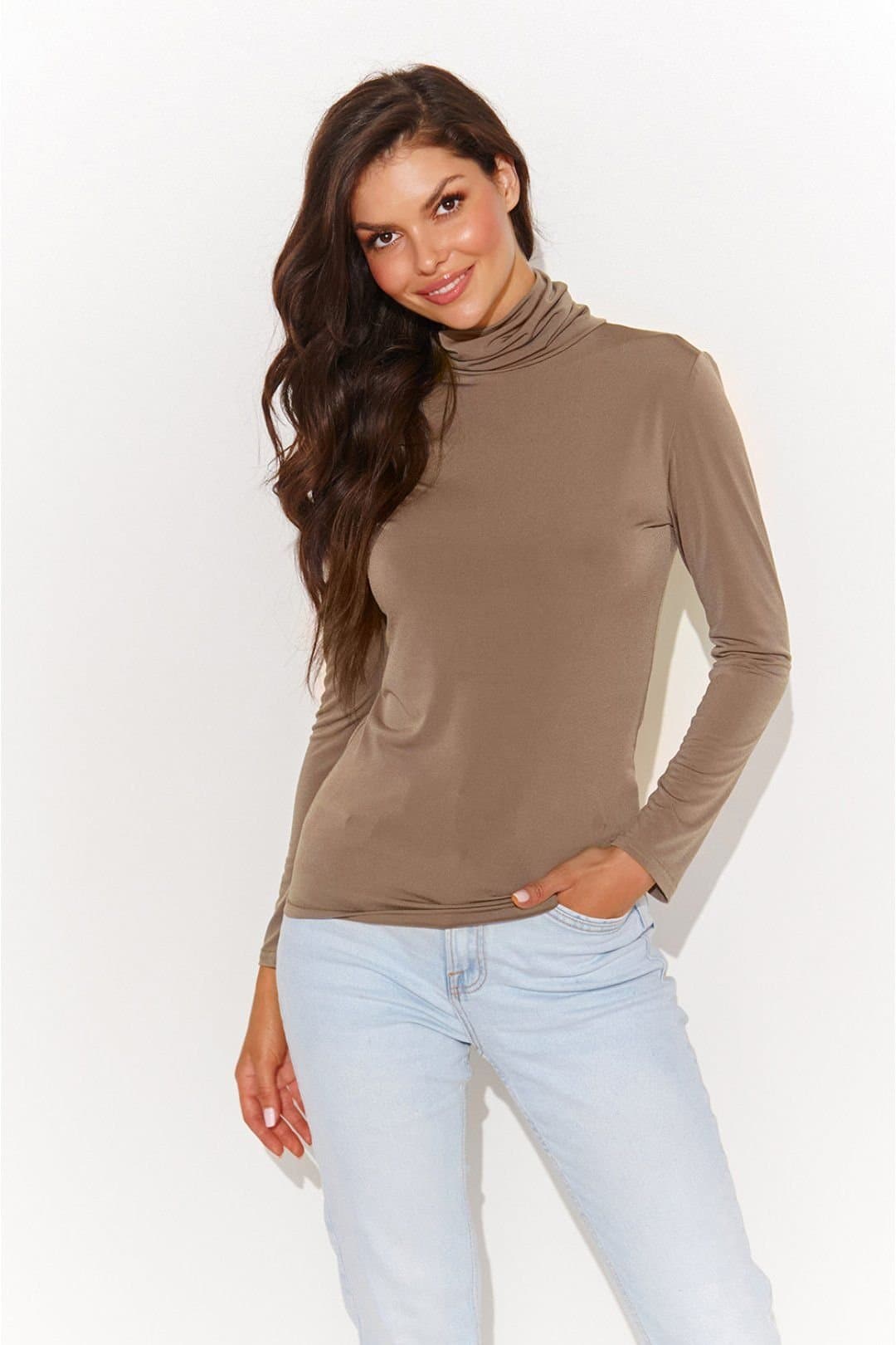 Love Lace Love Lace Women's Stretch Turtleneck Long Sleeve Blouse in Taupe
