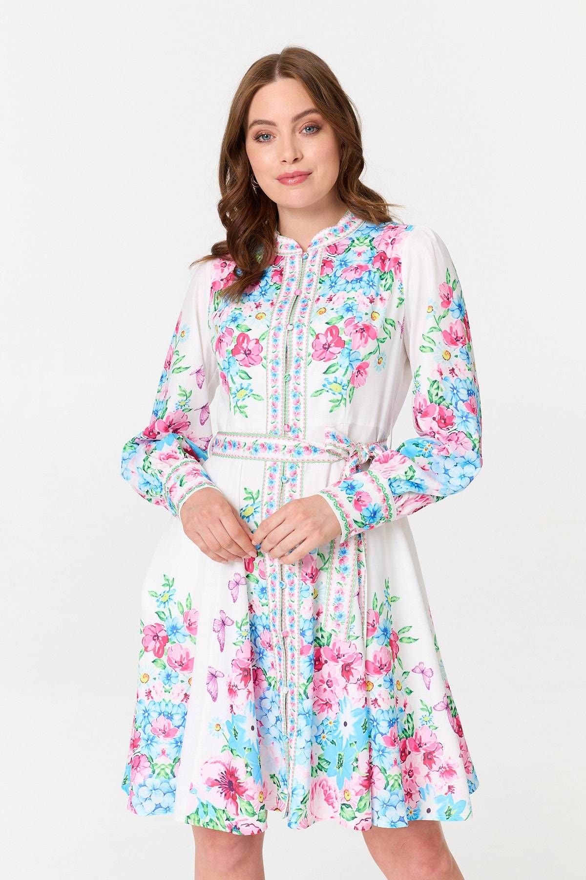 Izabel London Izabel London Women's Floral Long Sleeve Tie Waist Short Dress in White