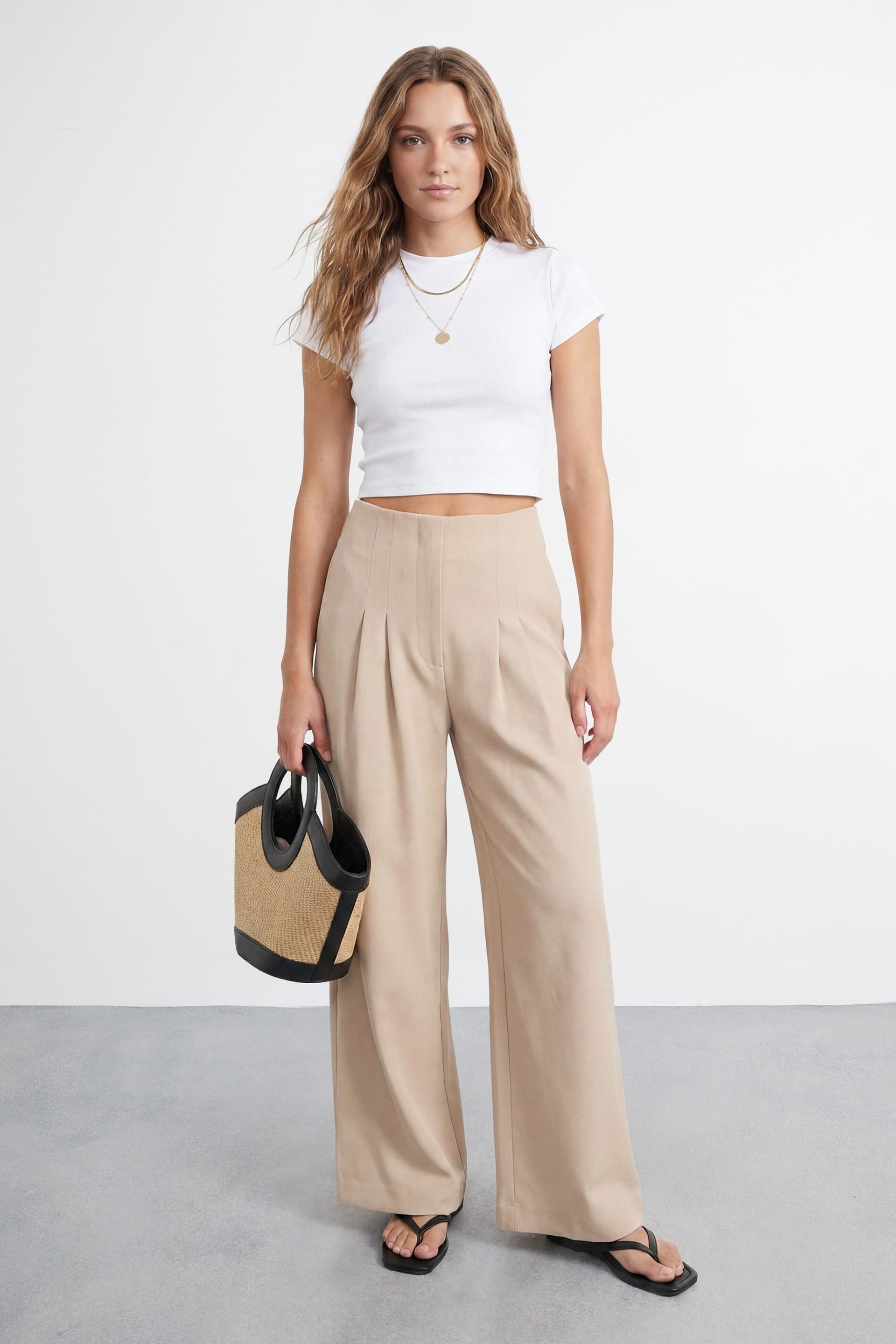 Warehouse Stone High Waisted Wide Leg Pleated Tailored Trousers