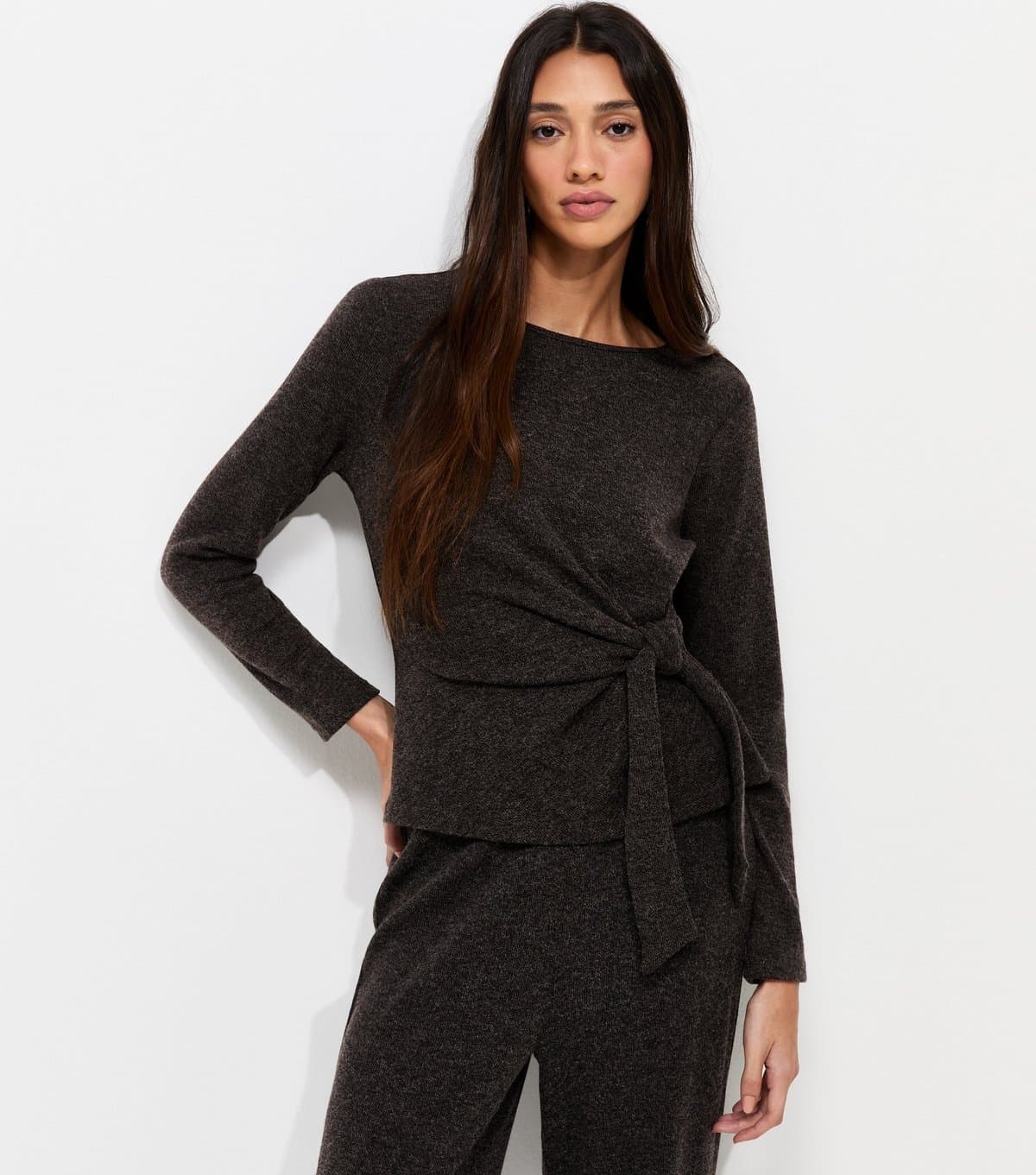 New Look Women's Dark Grey Soft Touch Tie Front Long Sleeve Top New Look