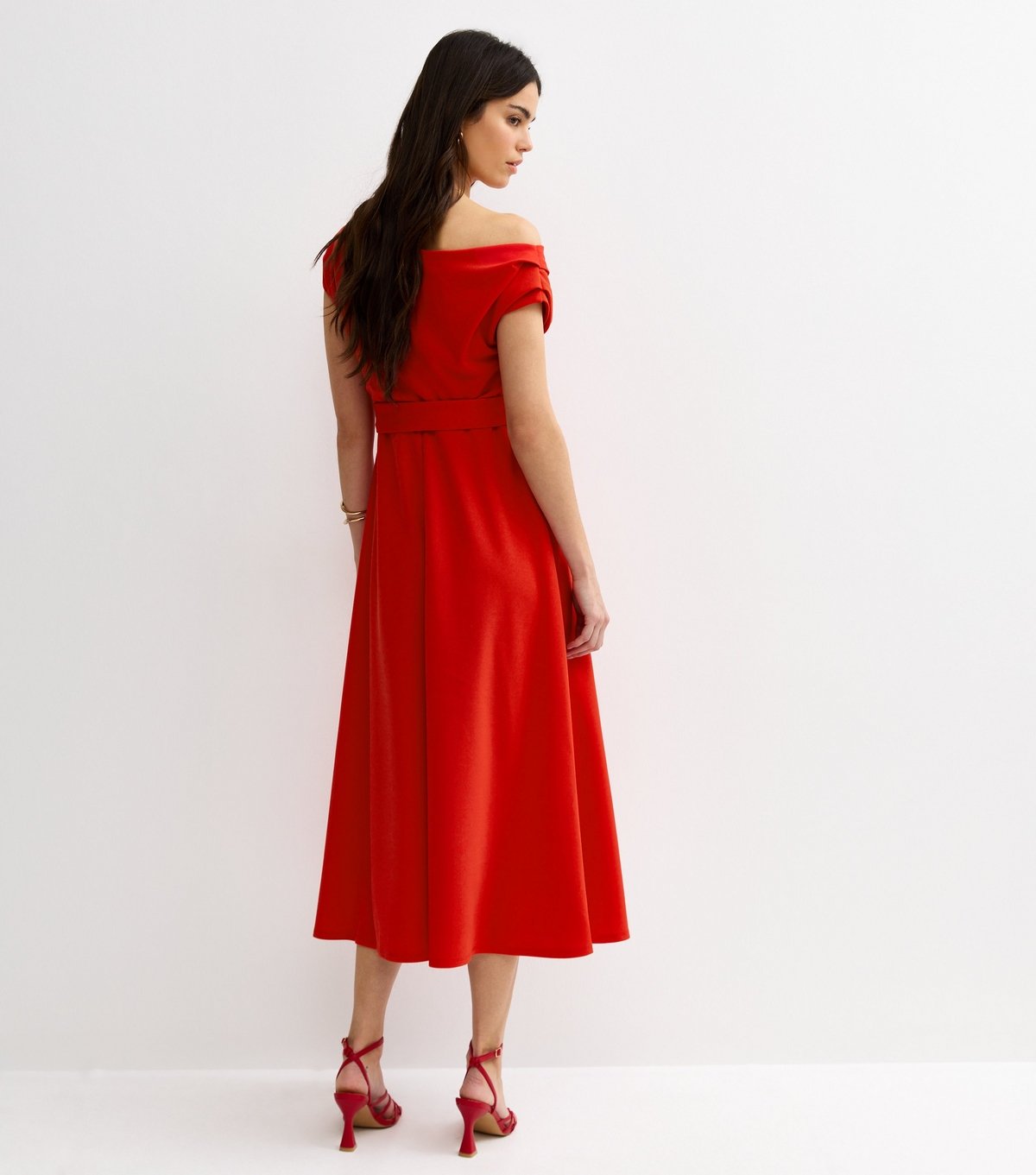 New Look Women's Dark Coral Fallen Shoulder Tie Waist Midi Dress New Look - 4