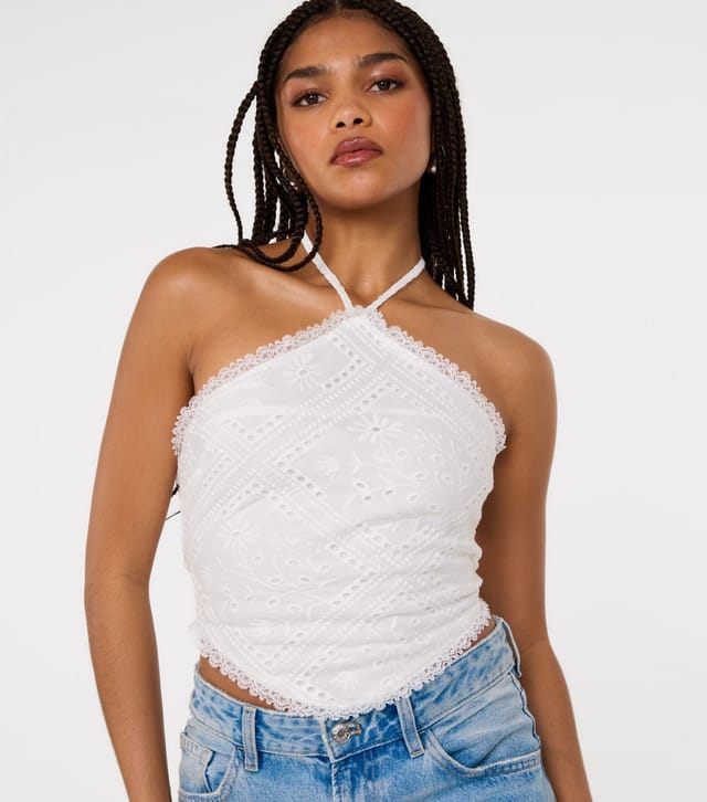 Pink Vanilla Women's White Embroidered Hanky Halter Top Pink Vanilla New Look - 3