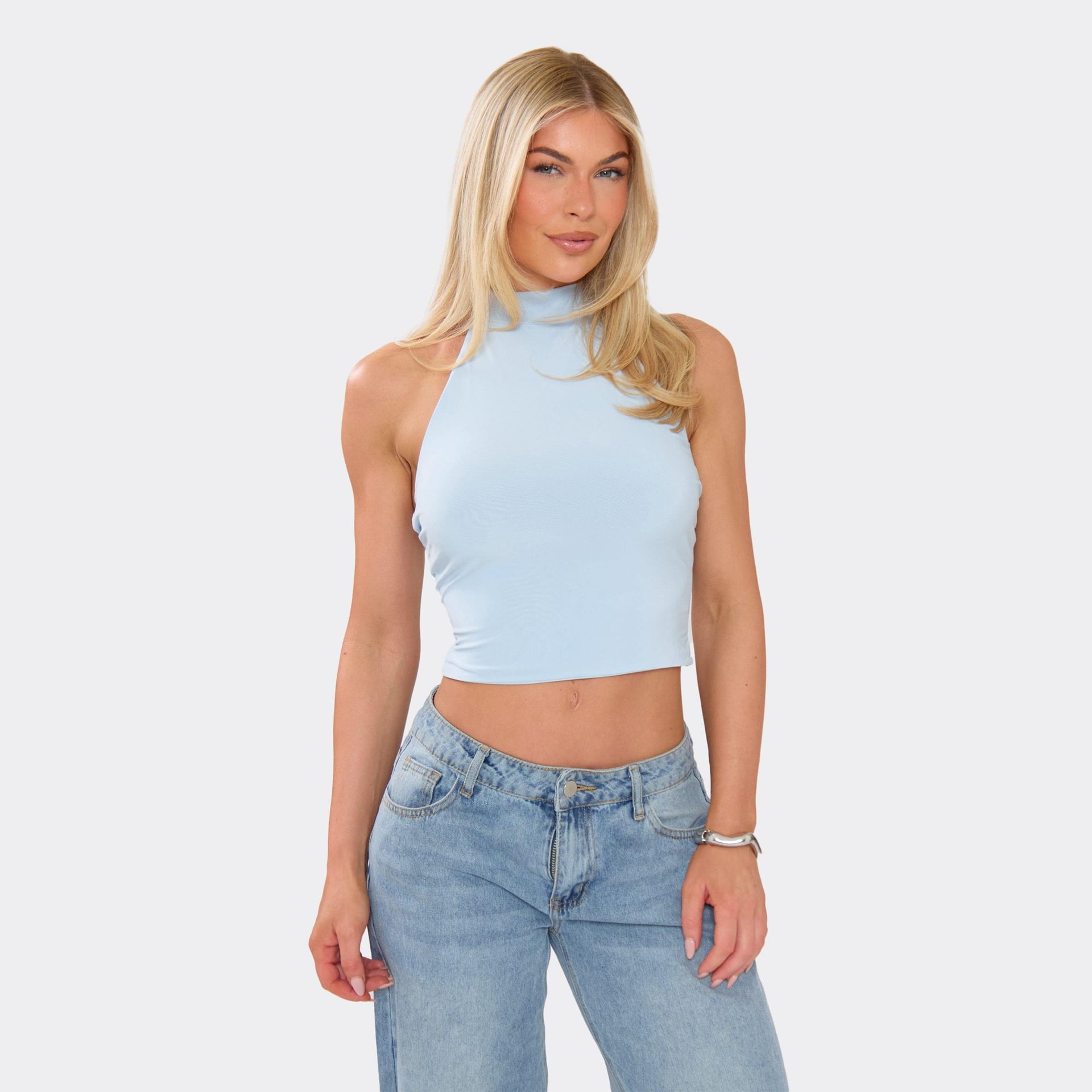 EGO Blue Slinky Halter Neck Open Back Top