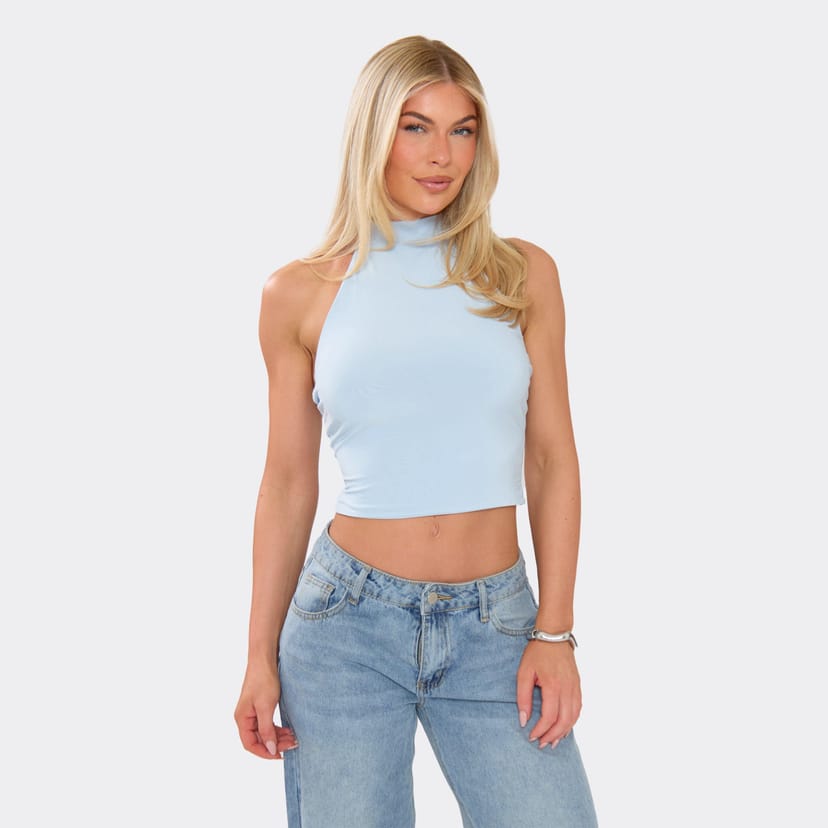 EGO Halter Neck Open Back Cropped Top In Blue Slinky, Women's Size UK 6 - 1