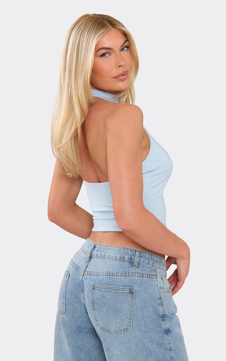 EGO Halter Neck Open Back Cropped Top In Blue Slinky, Women's Size UK 6 - 2