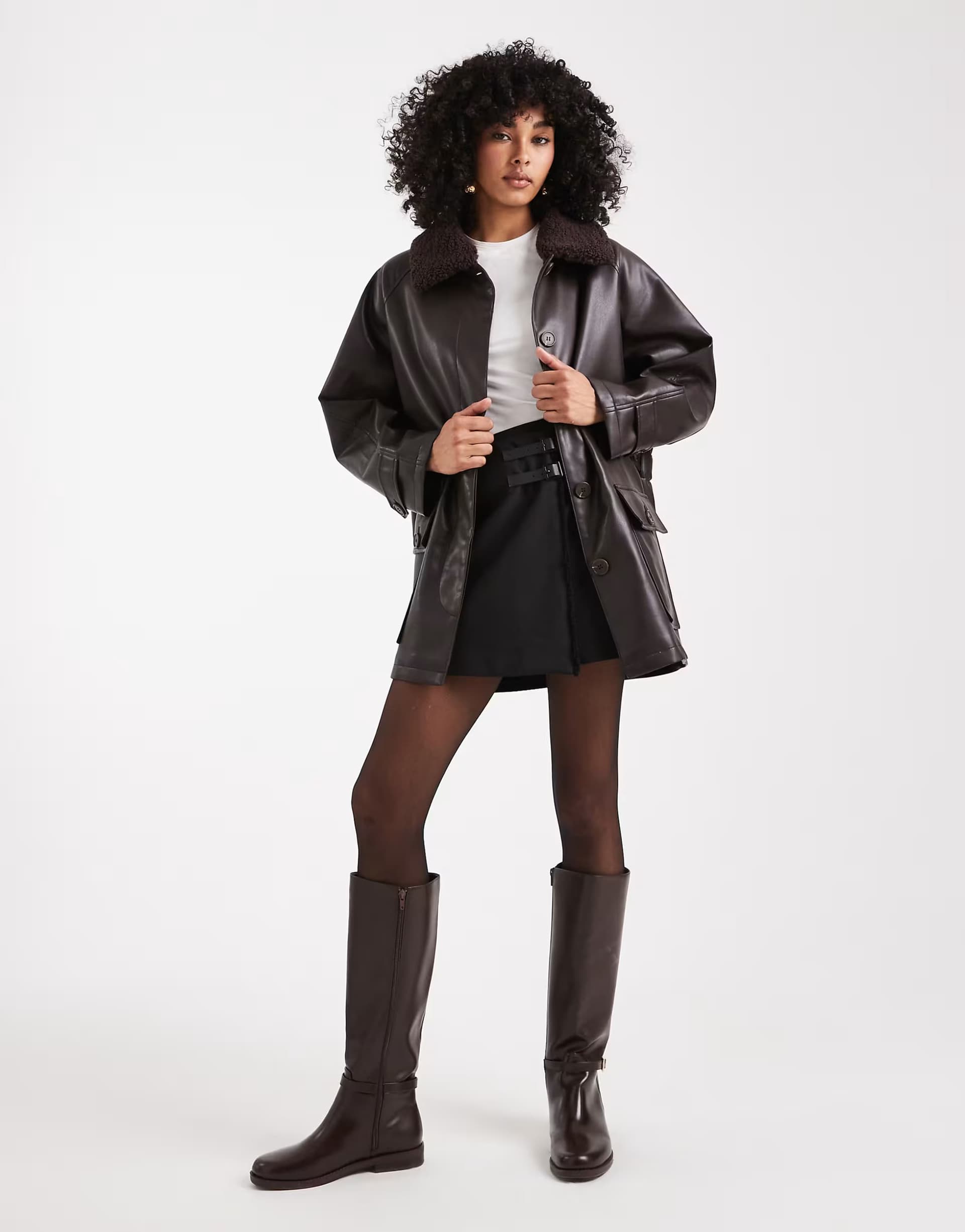 ASOS ASOS DESIGN leather look jacket with borg collar and cinch waist in chocolate 