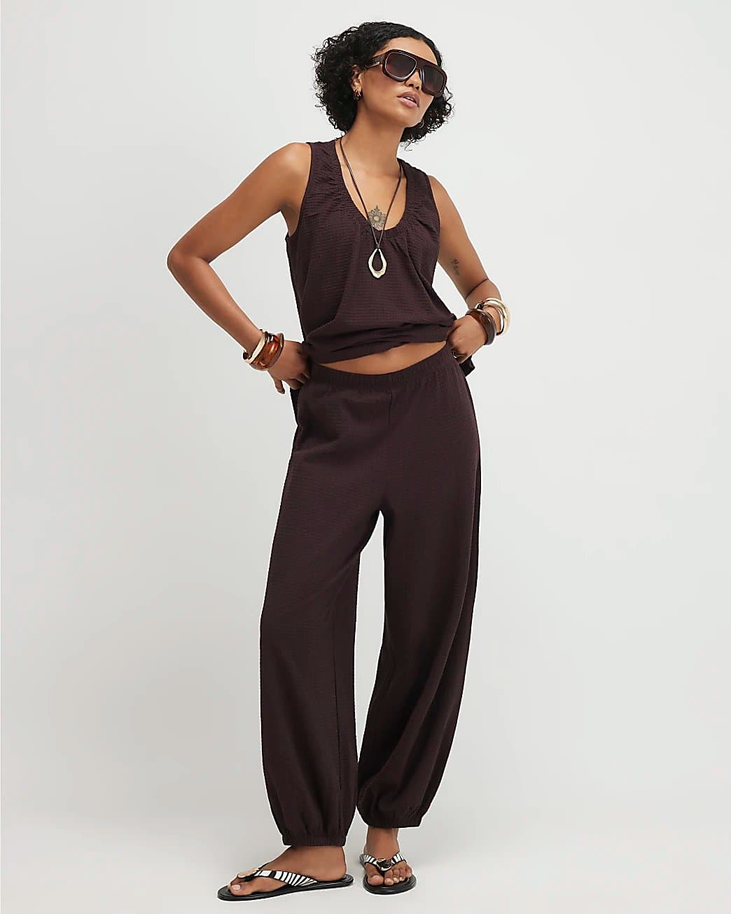 River Island River Island Womens Brown Cotton Blend Textured Cuffed Joggers