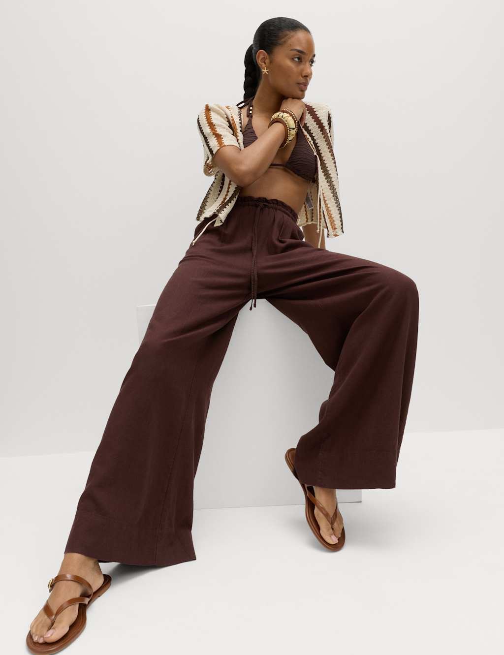 Marks & Spencer M&S Linen Rich Drawstring Wide Leg Trousers Brown - 4