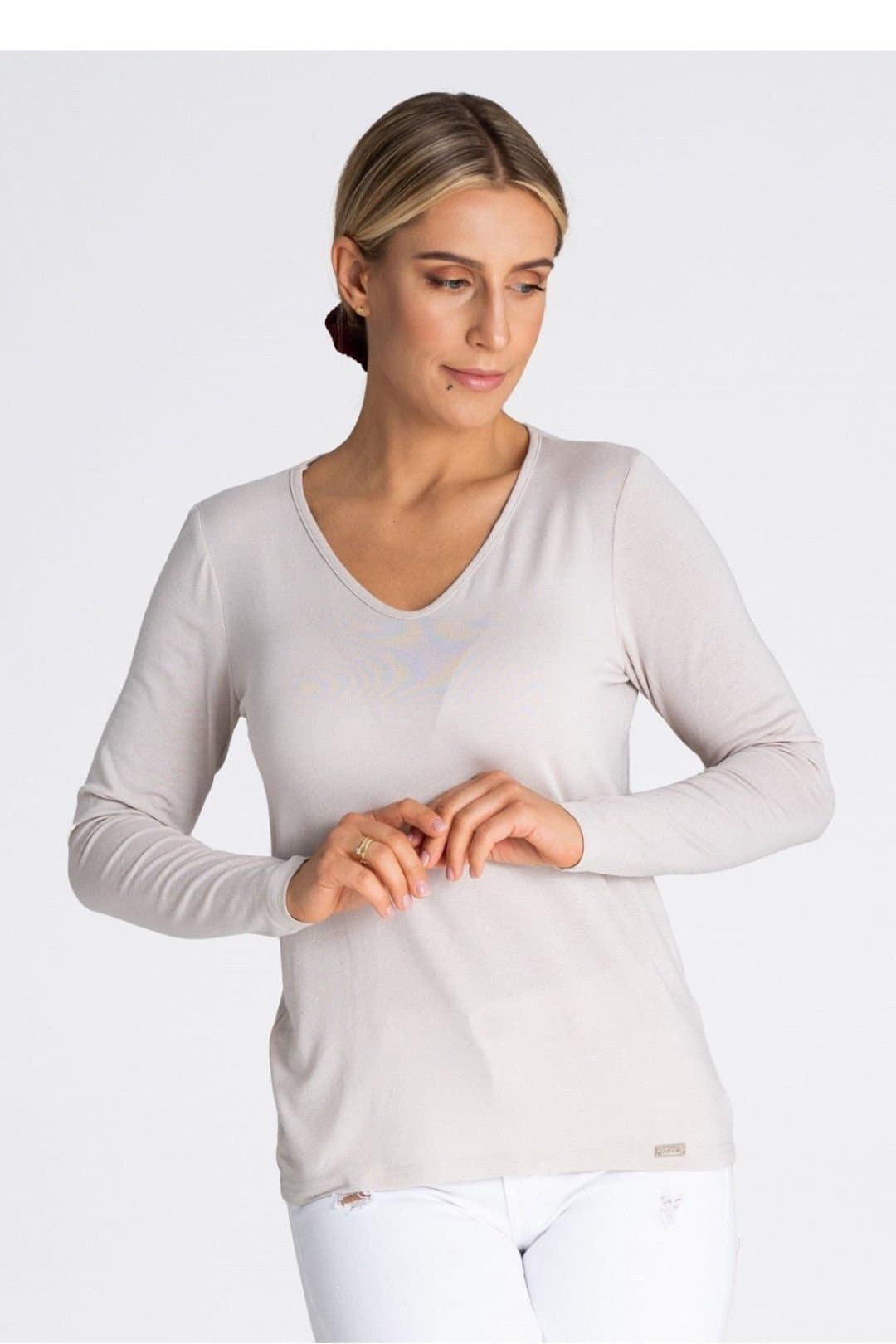 Love Lace Love Lace Women's V Neck Long Sleeve Blouse in Soft Fabric Style 189293 in Beige