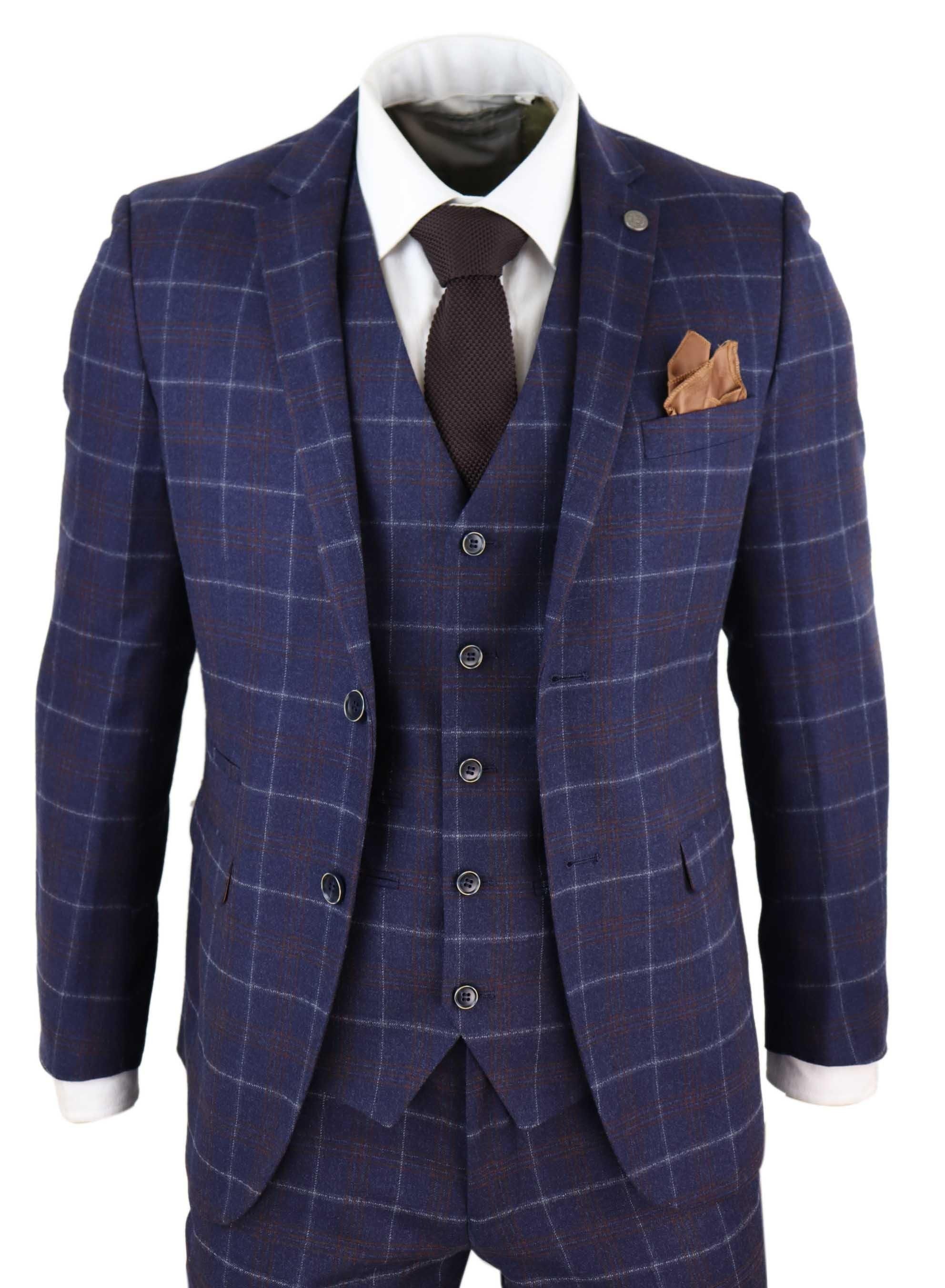 Paul Andrew Paul Andrew Men's Kenneth 3 Piece Blue Suit Tweed Check in Navy - 2