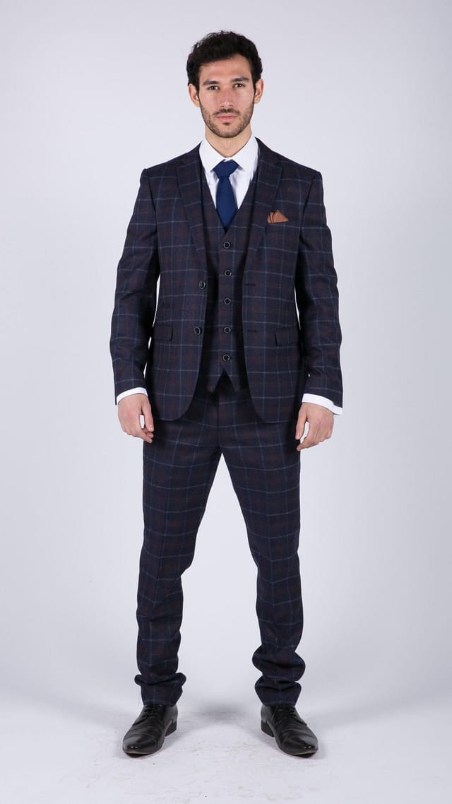 Paul Andrew Paul Andrew Men's Kenneth 3 Piece Blue Suit Tweed Check in Navy - 2