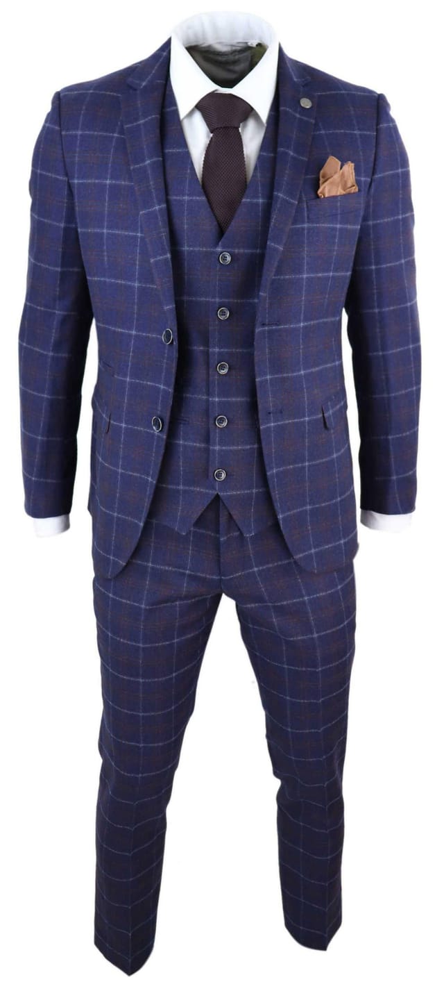 Paul Andrew Paul Andrew Men's Kenneth 3 Piece Blue Suit Tweed Check in Navy - 3