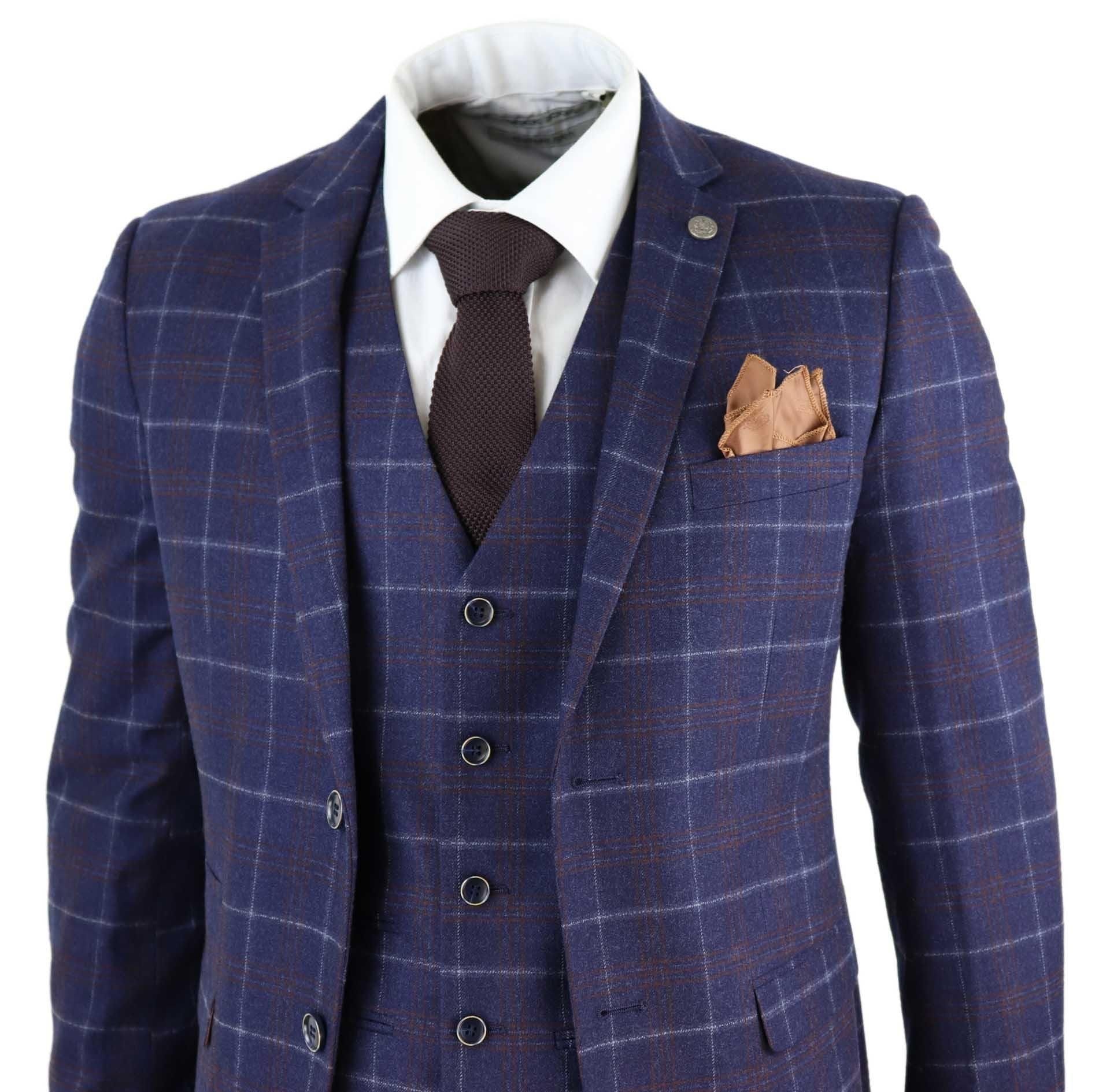 Paul Andrew Paul Andrew Men's Kenneth 3 Piece Blue Suit Tweed Check in Navy - 4