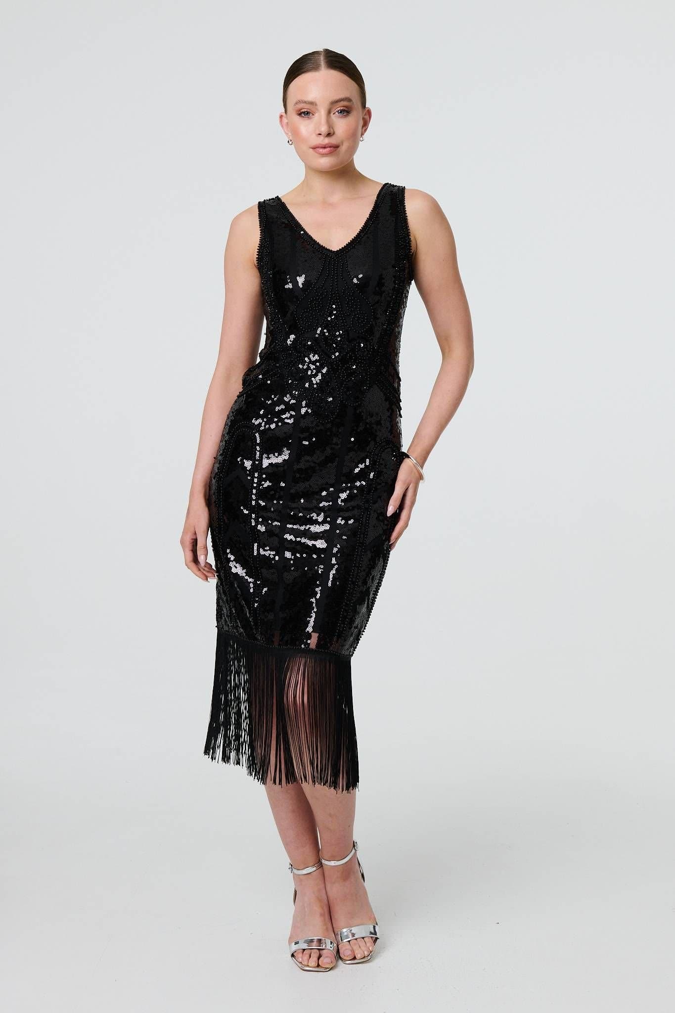 Izabel London Izabel London Women's Sequin Embellished Tassel Trim Midi Dress in Black