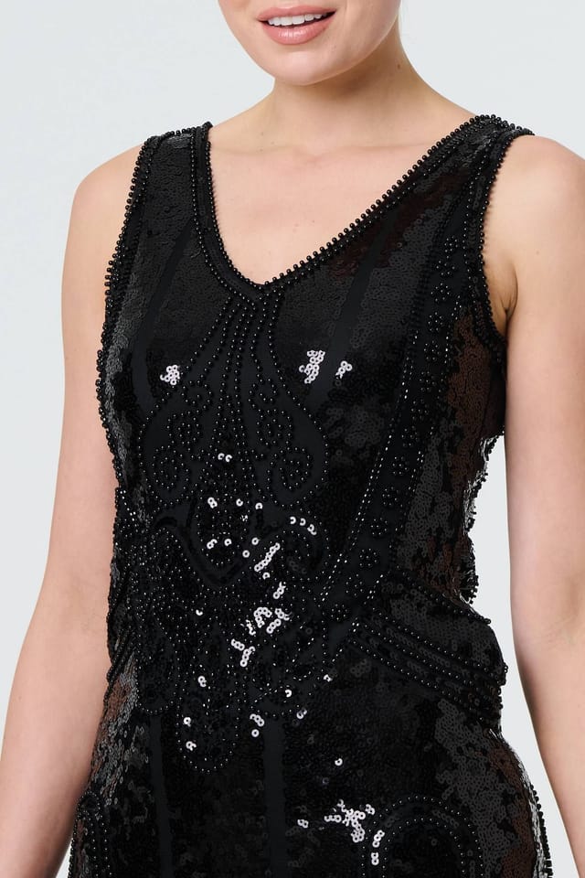 Izabel London Izabel London Women's Sequin Embellished Tassel Trim Midi Dress in Black - 2