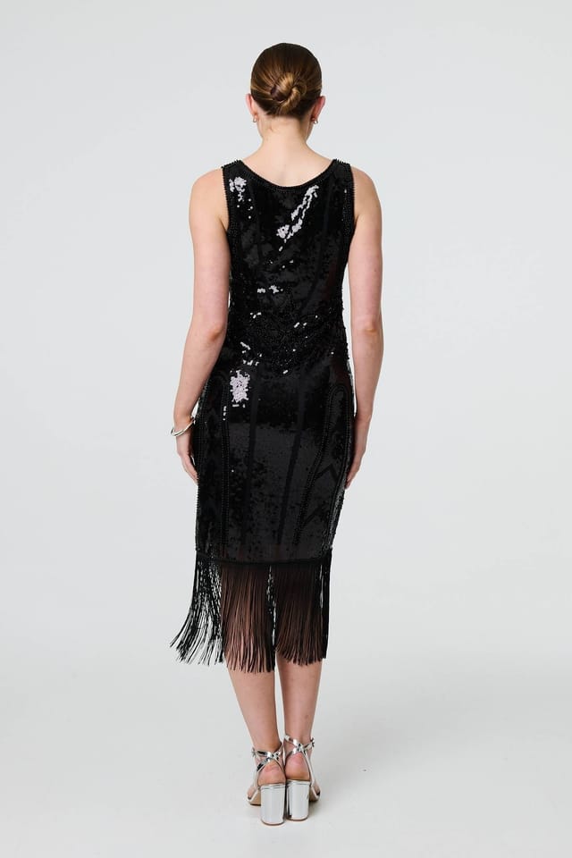 Izabel London Izabel London Women's Sequin Embellished Tassel Trim Midi Dress in Black - 3