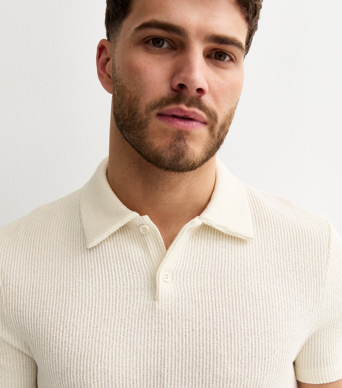 New Look Men's Off White Short Sleeve Textured Regular Polo Shirt New Look - 1