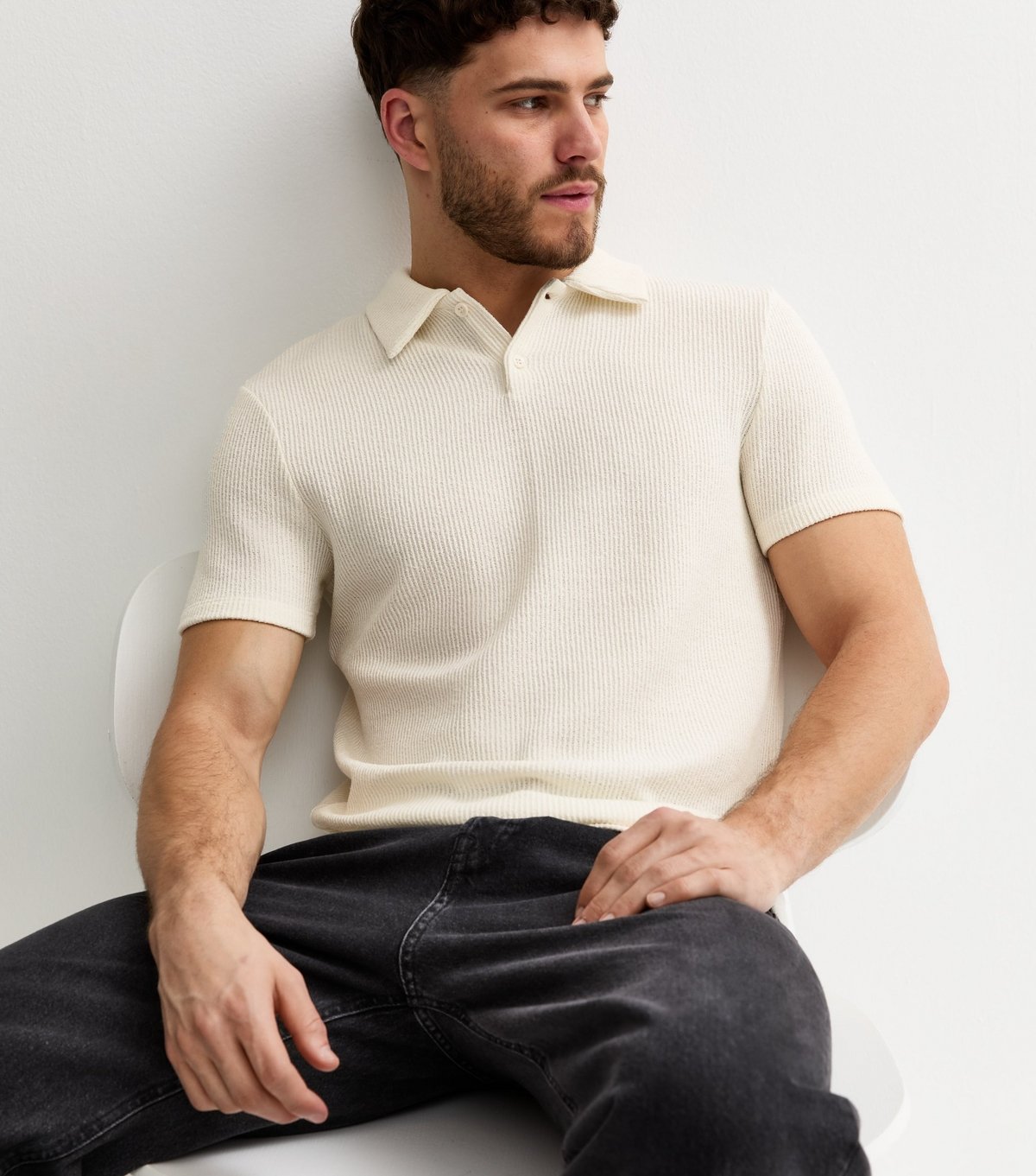 New Look Men's Off White Short Sleeve Textured Regular Polo Shirt New Look - 2