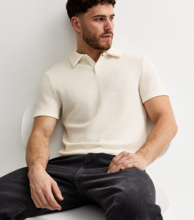 New Look Men's Off White Short Sleeve Textured Regular Polo Shirt New Look - 2