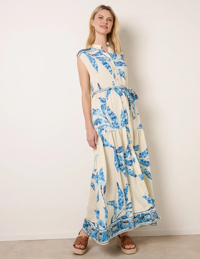 Blue Vanilla Leaf Print Collarless Shirt Dress With Belted Waist - 3