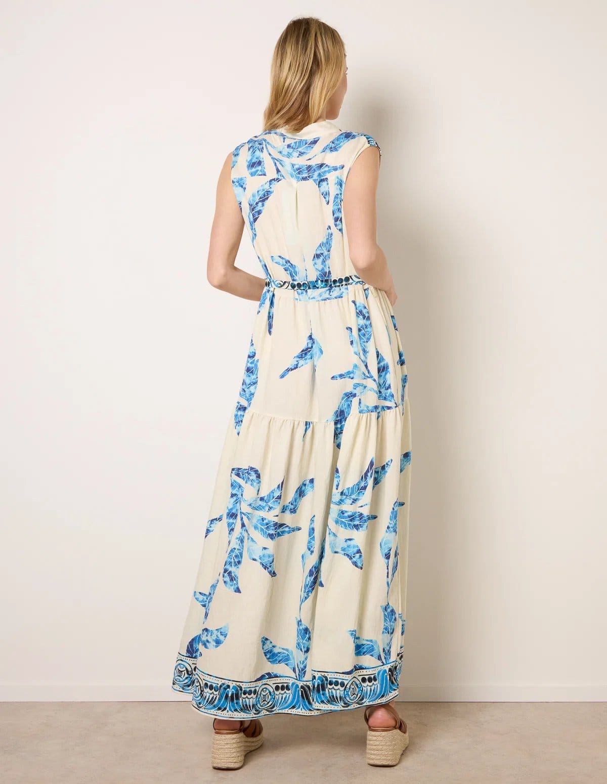 Blue Vanilla Leaf Print Collarless Shirt Dress With Belted Waist - 4