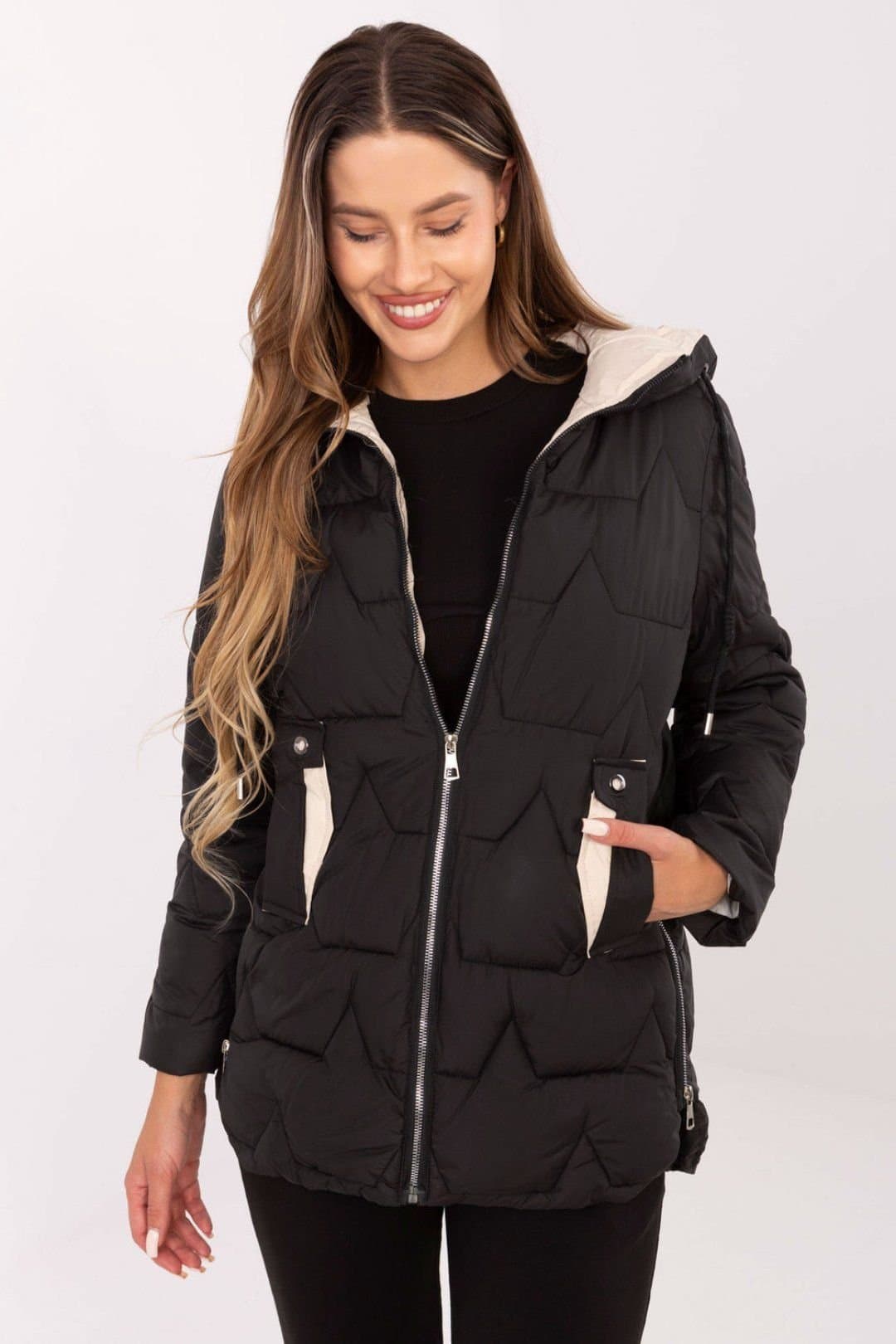 Love Lace Love Lace Women's Quilted Down Jacket with Detachable Hood in Black