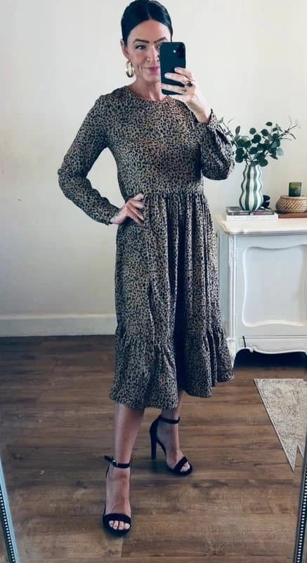 Never Fully Dressed Never Fully Dressed tan black animal print smock midi dress size 8
