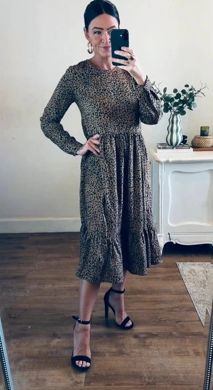 Never Fully Dressed Tan Black Animal Print Smock Midi Dress
