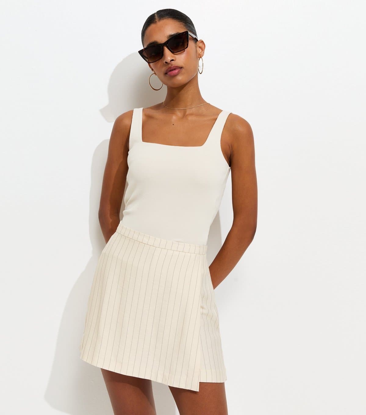 New Look Women's Cream Striped Tie Wrap Skort New Look